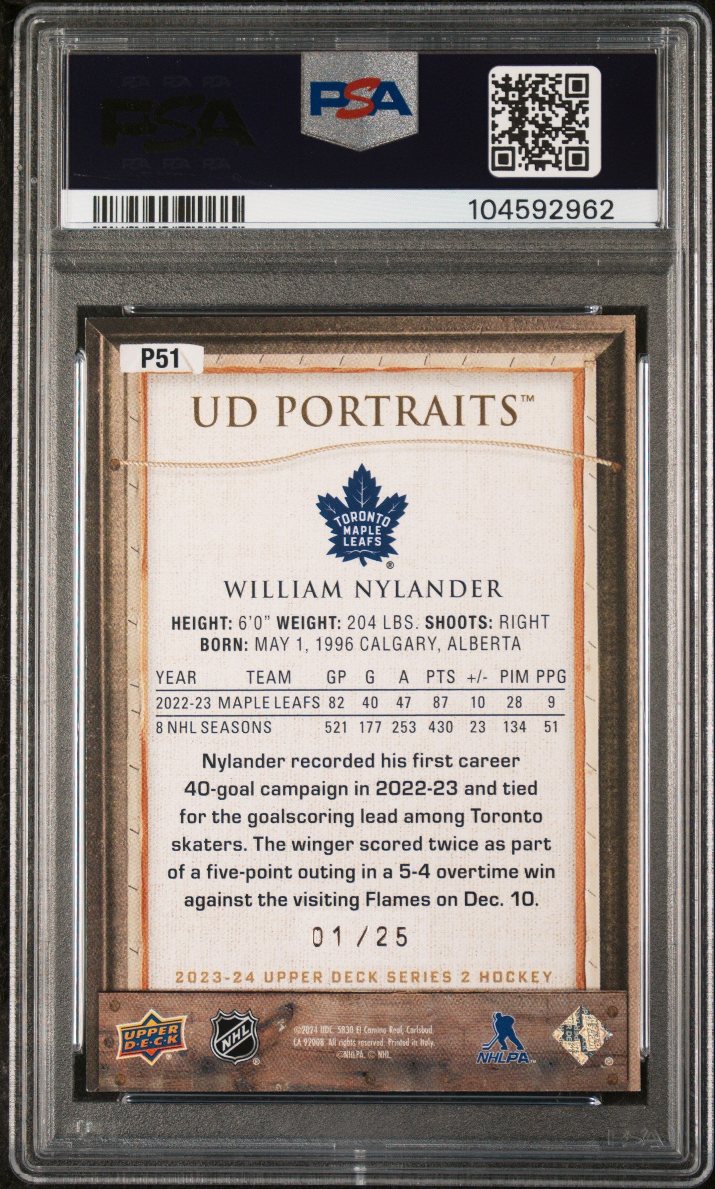 2023 Upper Deck UD Portraits William Nylander - PSA /25 Red Frame - PSA - /25