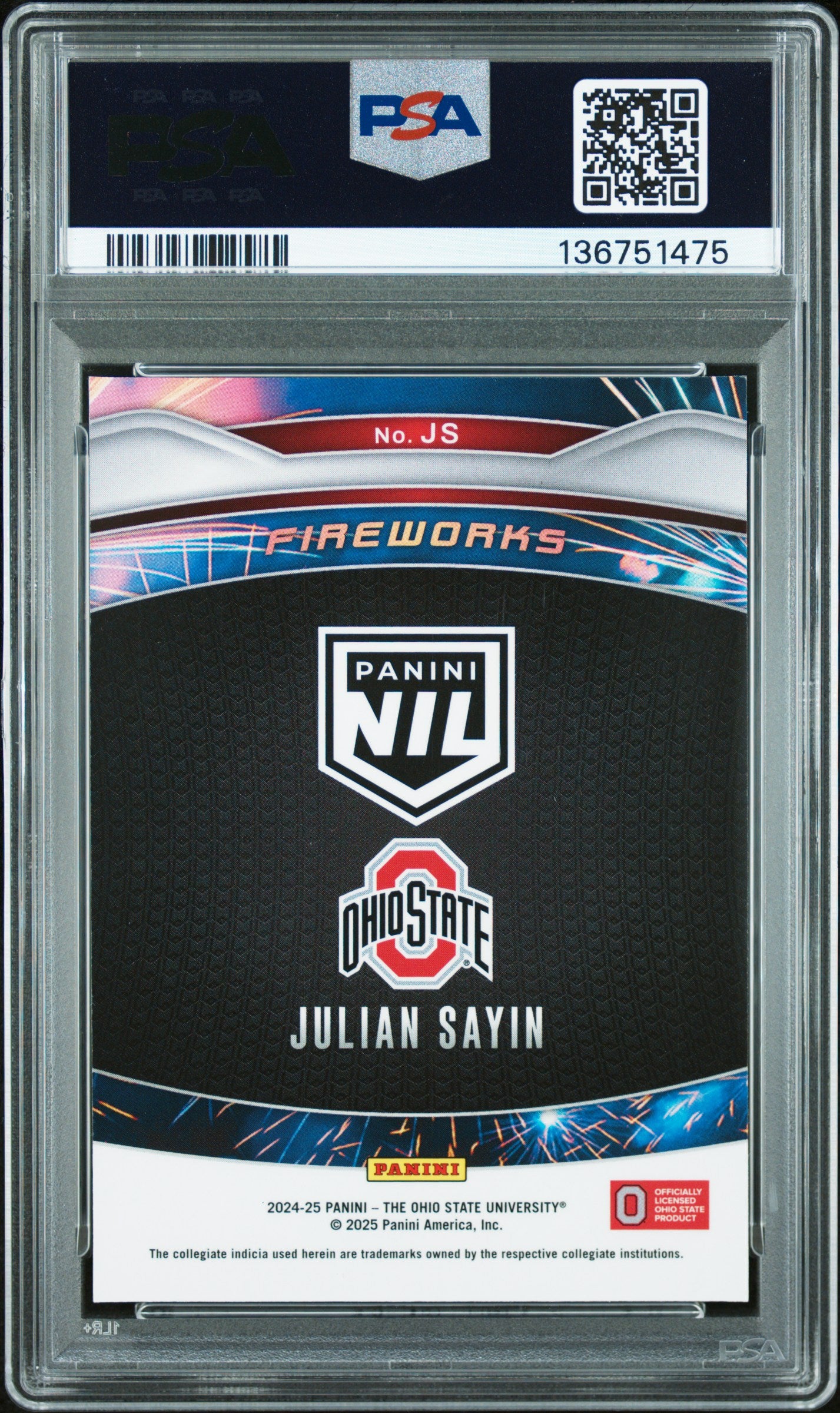 2024-25 Panini OSU NIL - Julian Sayin #JS - Fireworks - PSA - NIL Rookie - PSA