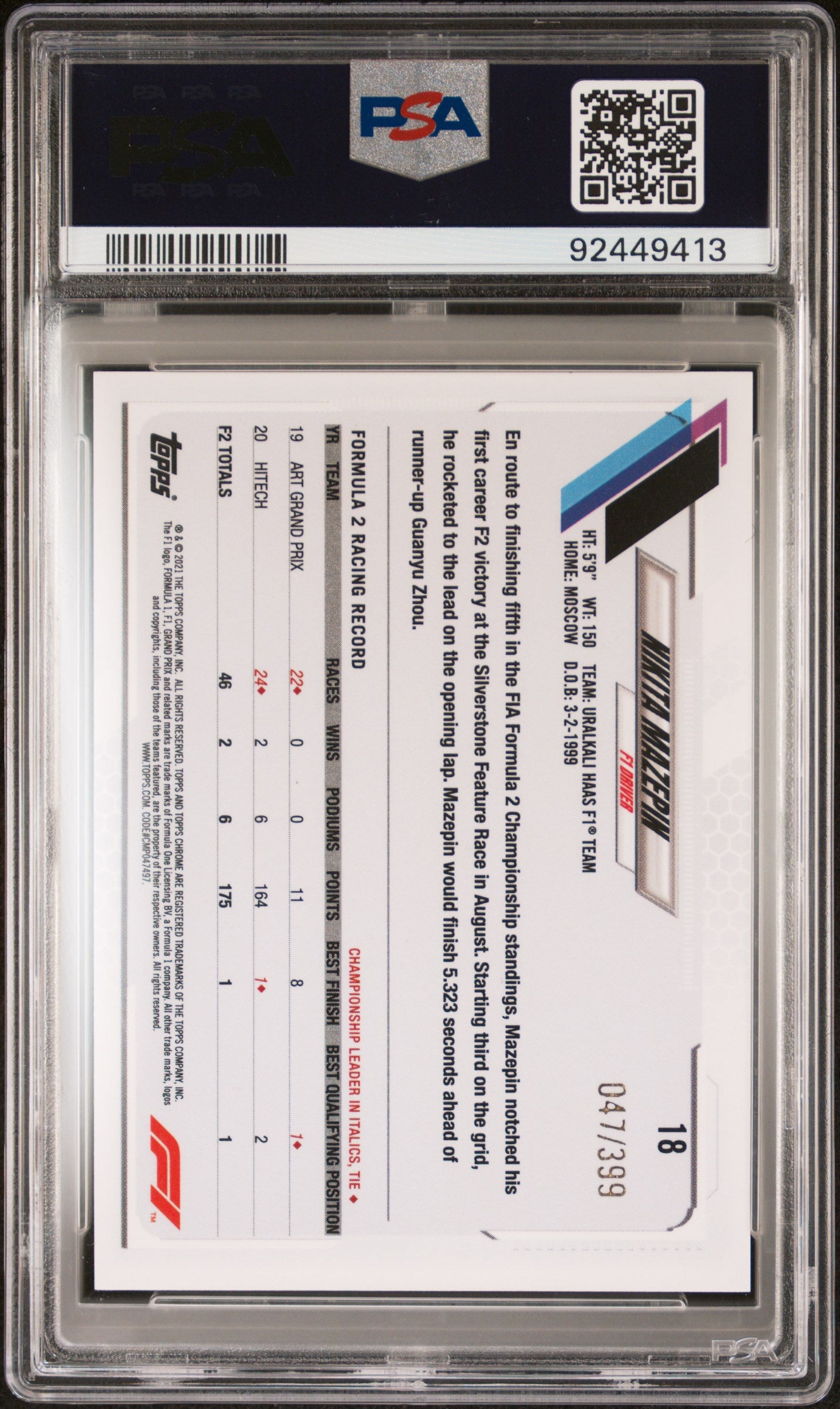 2021 Topps Chrome Formula 1 Nikita Mazepin #18 PSA 9 - /399, ## 047/399