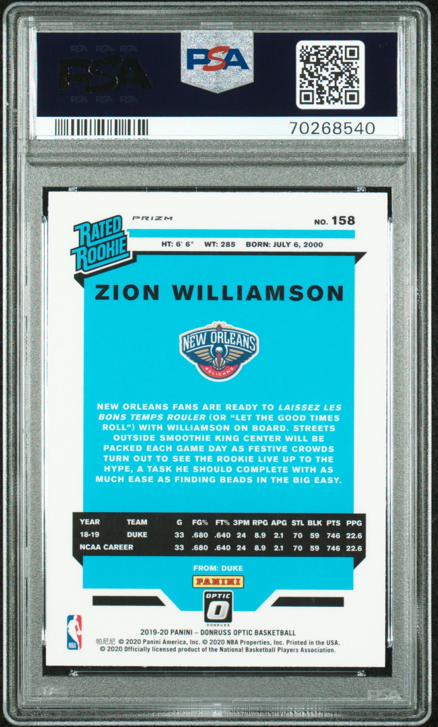 2019 Panini Donruss Optic- Zion Williamson #158 - Blue Velocity - ROOKIE - PSA 9