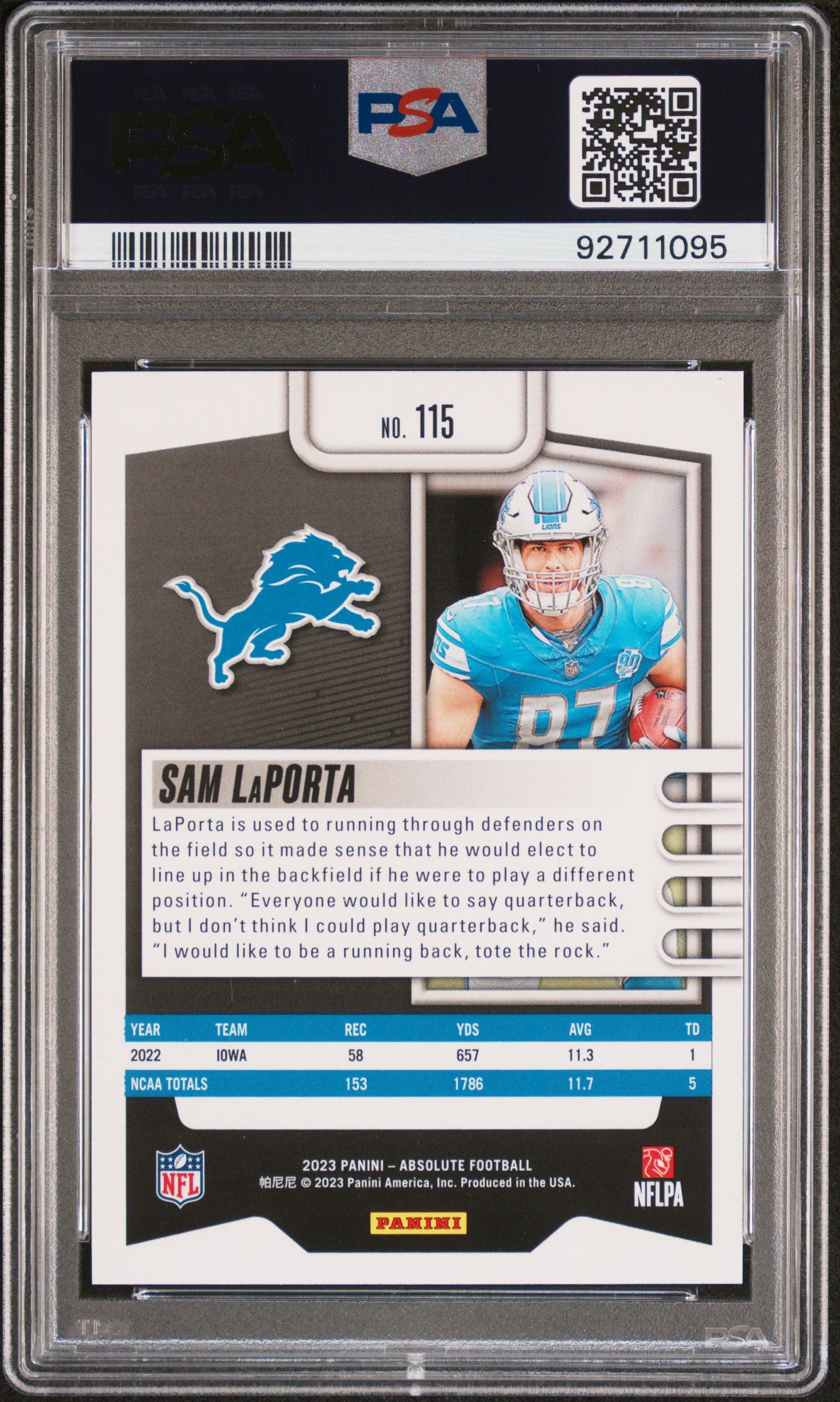 2023 Panini Absolute ROOKIE Sam Laporta ROOKIE #115 PSA 9