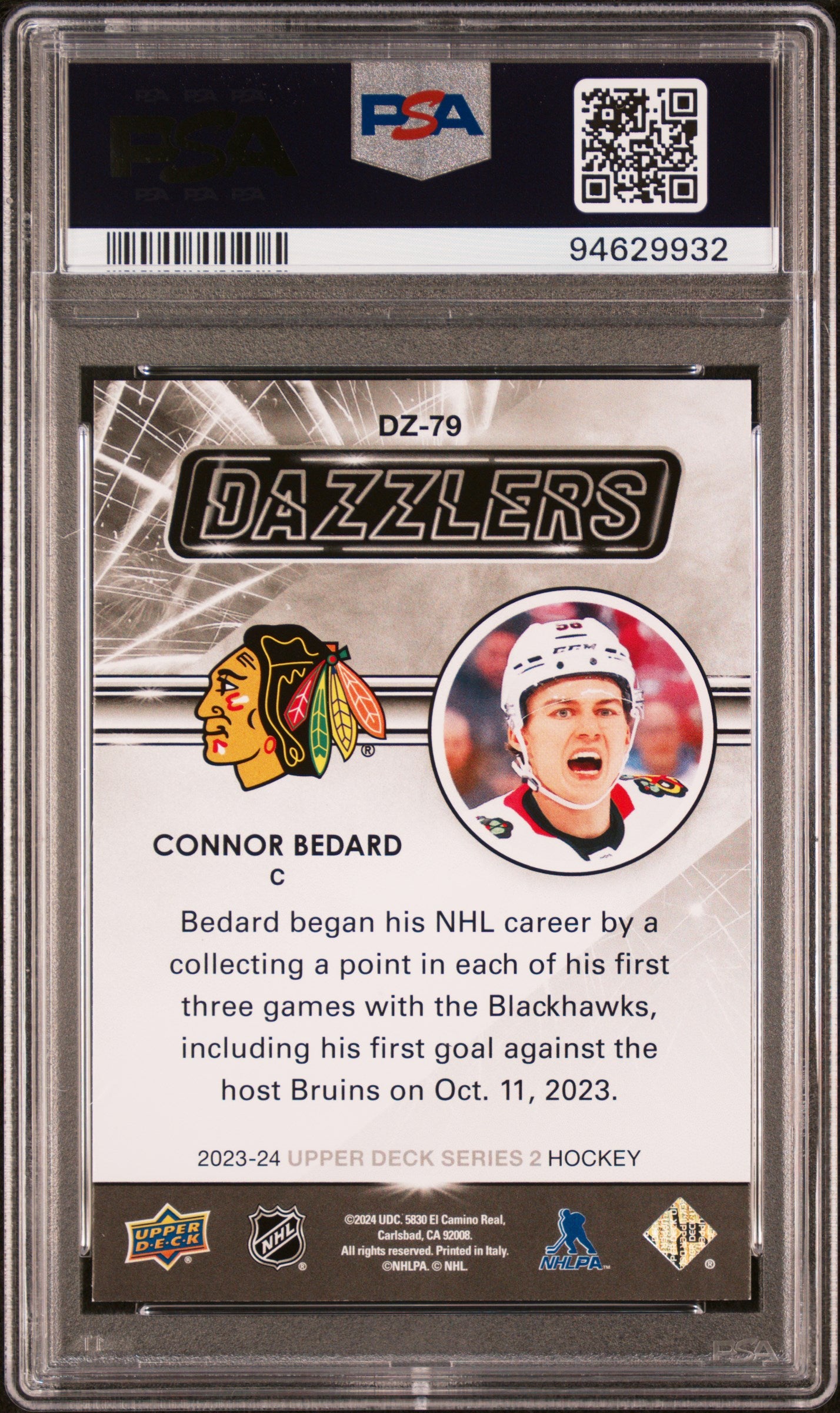 2023 Upper Deck Dazzlers Connor Bedard #DZ79 Orange PSA 8