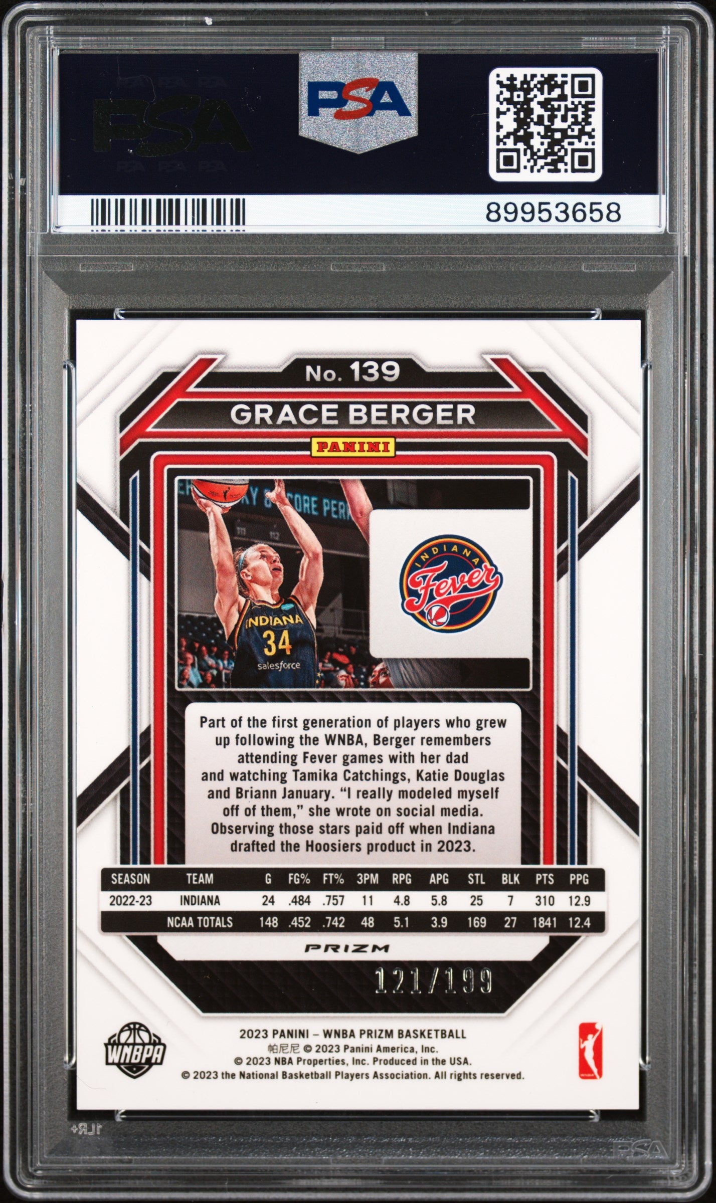 2023 Panini Prizm WNBA - Grace Berger #139 - ROOKIE - /199 Red - PSA 9 - ROOKIE