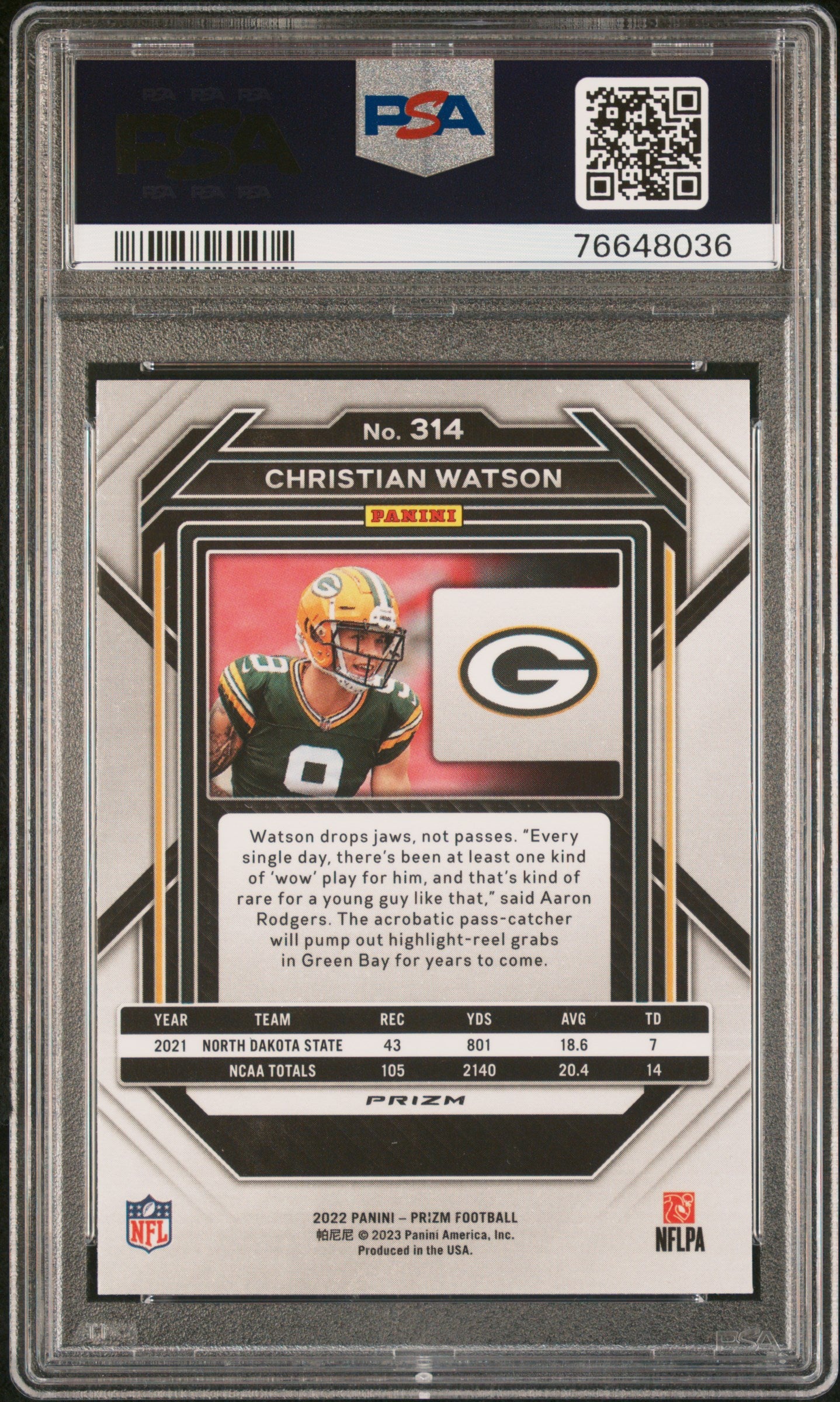 2022 Panini Prizm #314 - Christian Watson - ROOKIE - Snakeskin - PSA 10