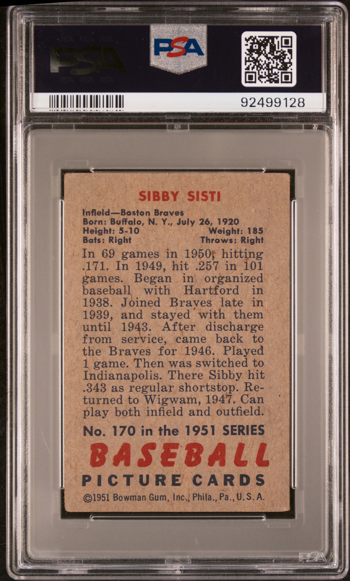 1951 Bowman MLB Baseball - Sibby Sisti #170 - PSA 2.5