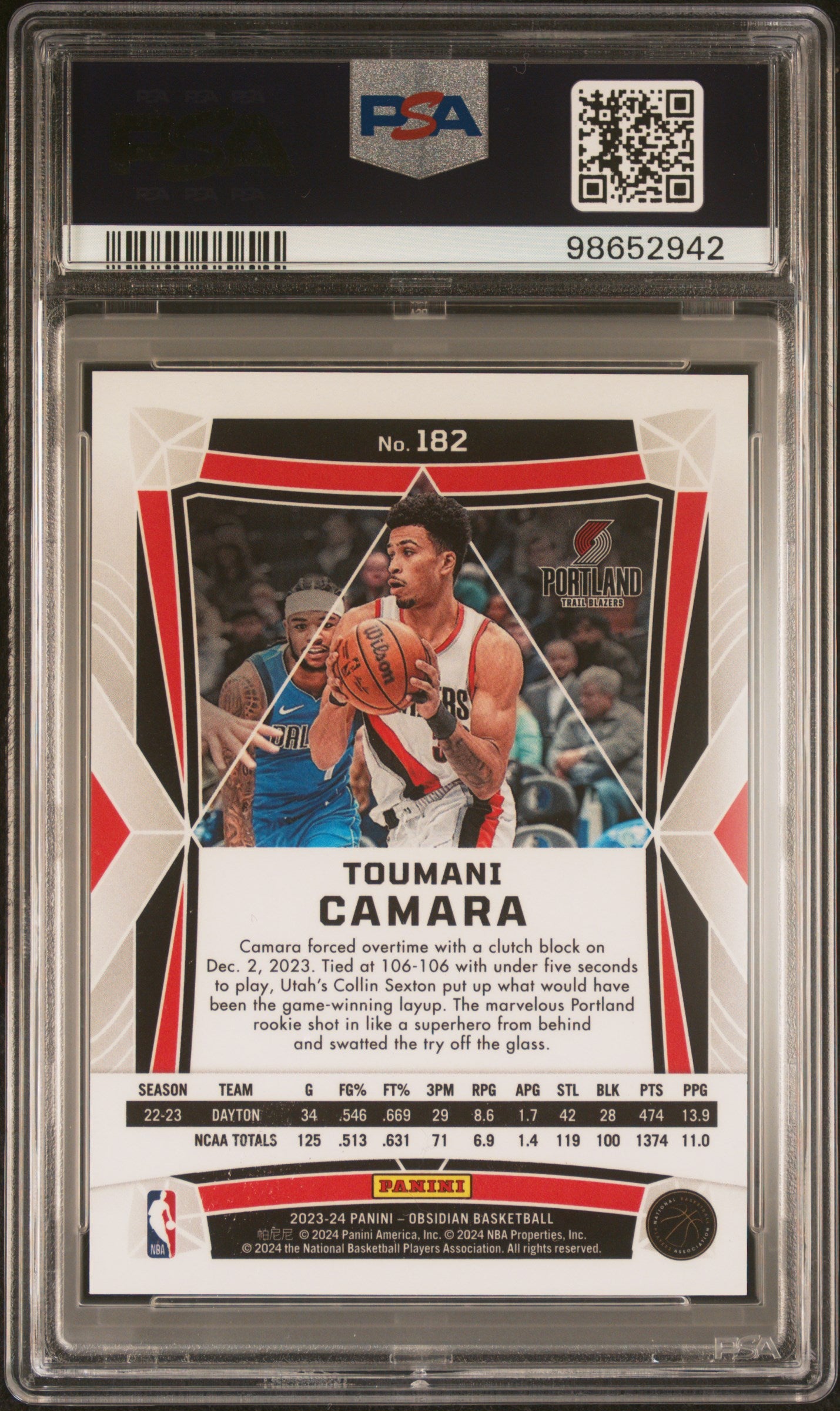 2023 Panini Obsidian Toumani Camara #182 Electric Etch Pink Pulsar PSA 10