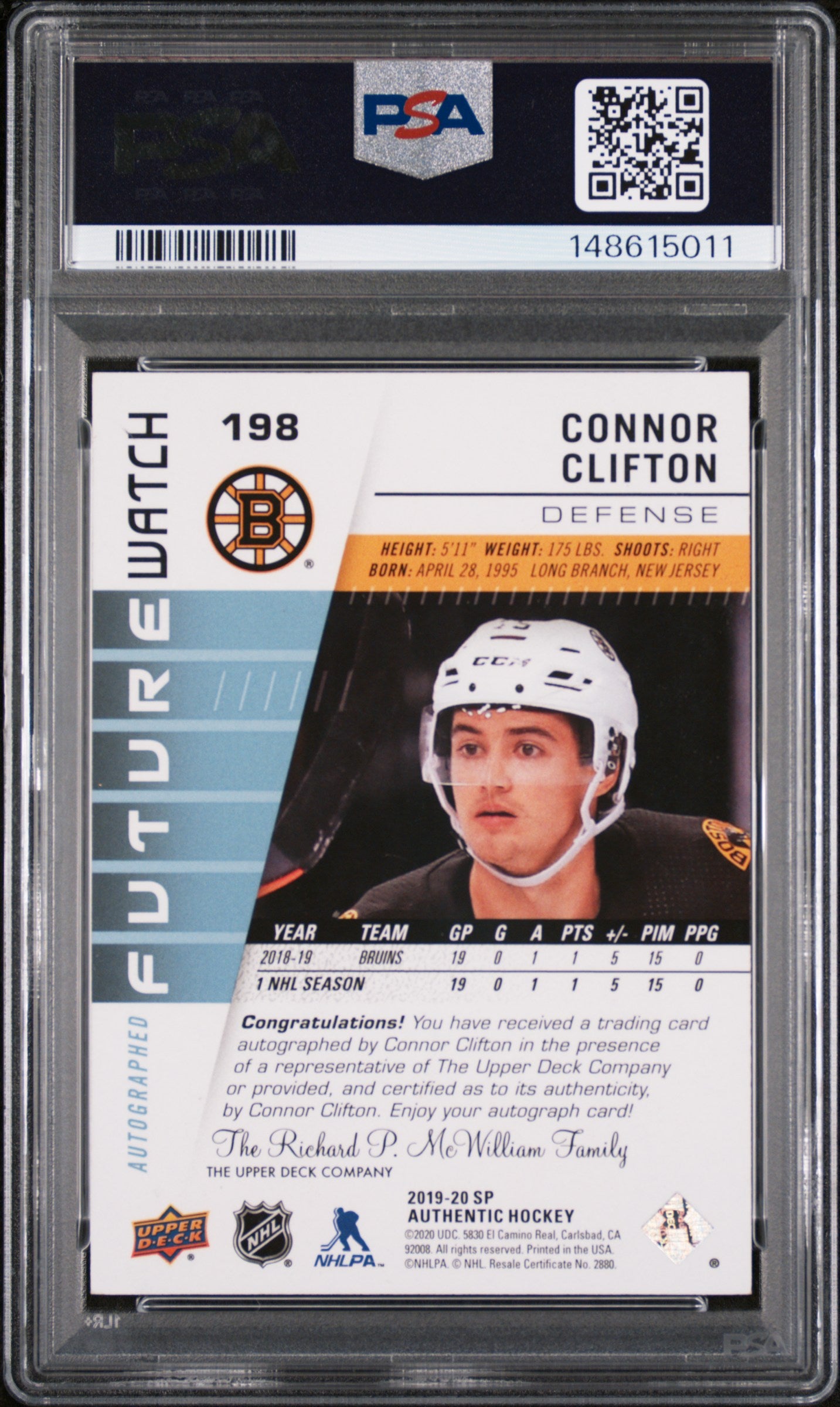 2019 SP Authentic- Connor Clifton - FUTURE WATCH AUTO /999 - PSA - INSCRIBED /50