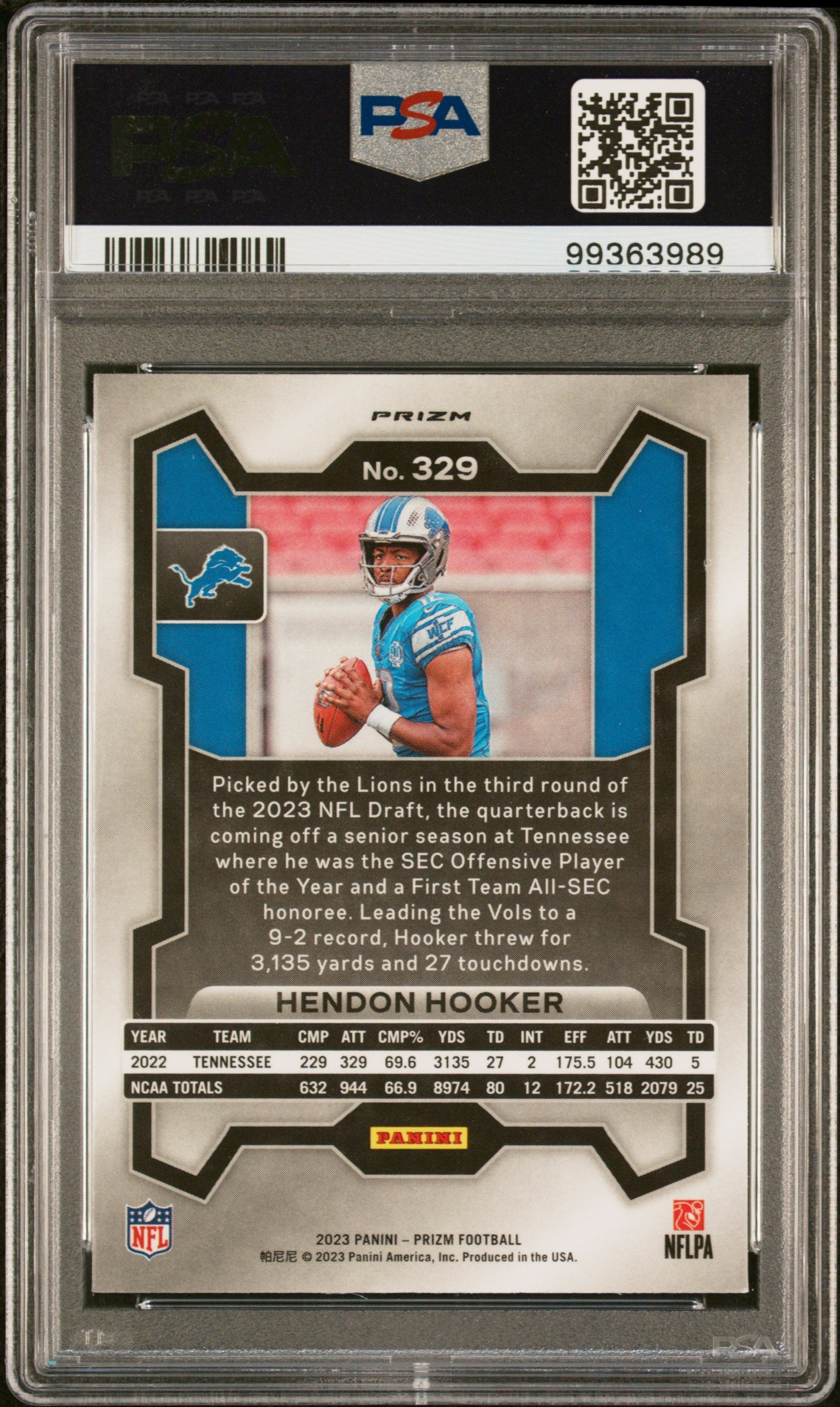2023 Panini Prizm Hendon Hooker ROOKIE #329 Red White Blue PSA 9