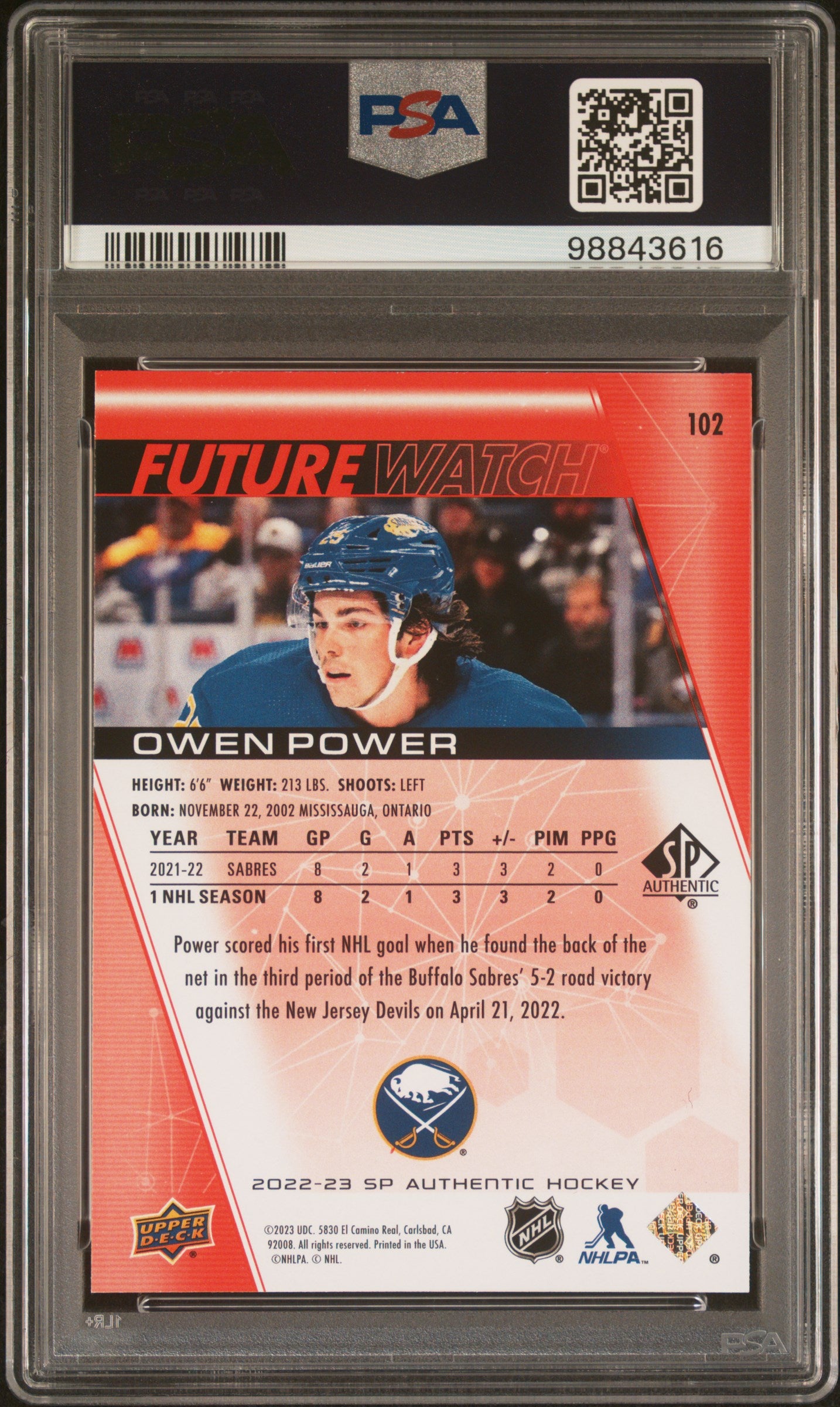 2022 SP Authentic Owen Power #102 Limited Red PSA 9