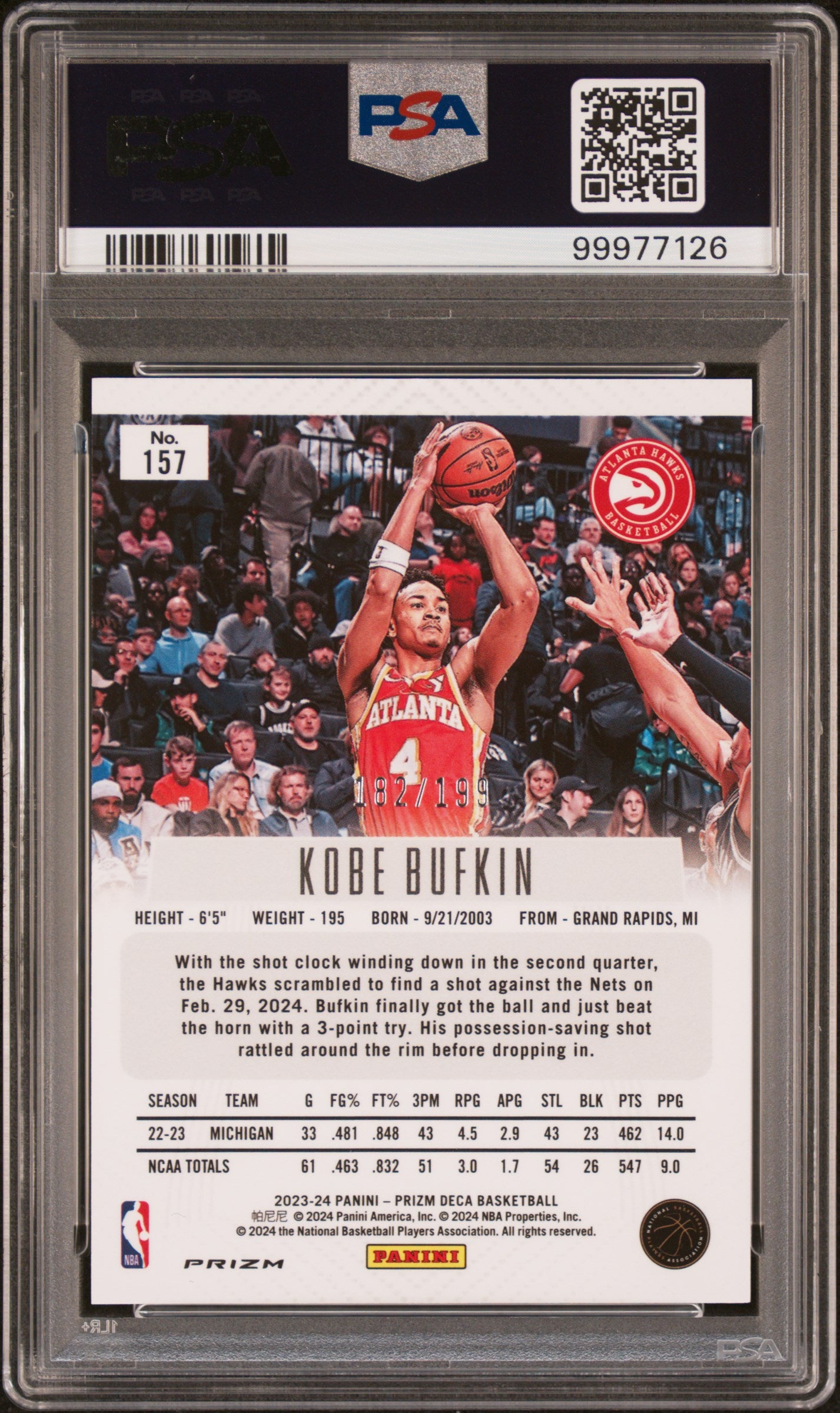 2023 Panini Prizm Deca Kobe Bufkin #157 Red /199 PSA 9 - ROOKIE /199