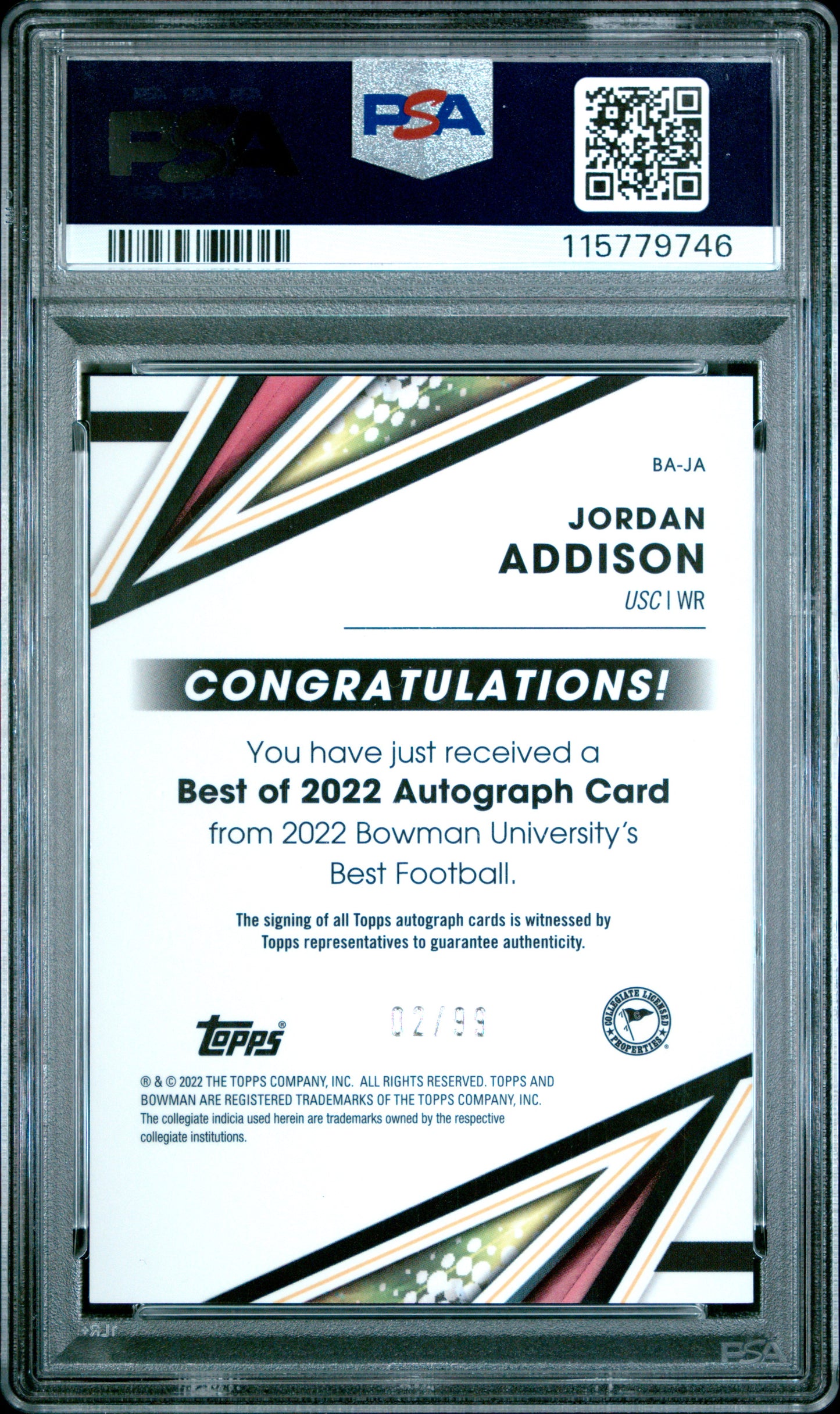 2022 Bowman's Best - Jordan Addison #BAJA - Green Refractor AUTO /99 - PSA 10
