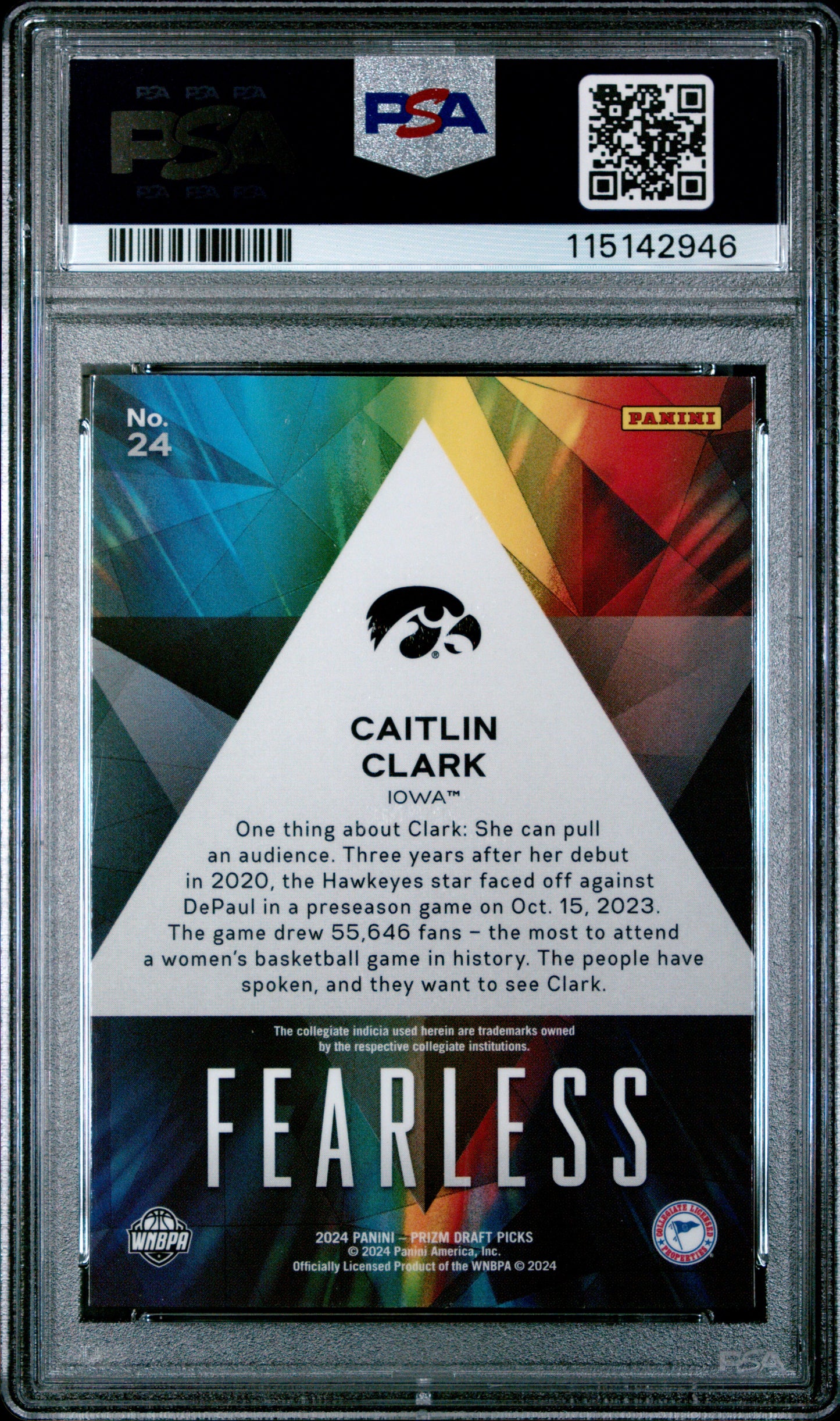 2024 Panini Prizm Draft Picks - Caitlin Clark - Fearless - ROOKIE - PSA 10