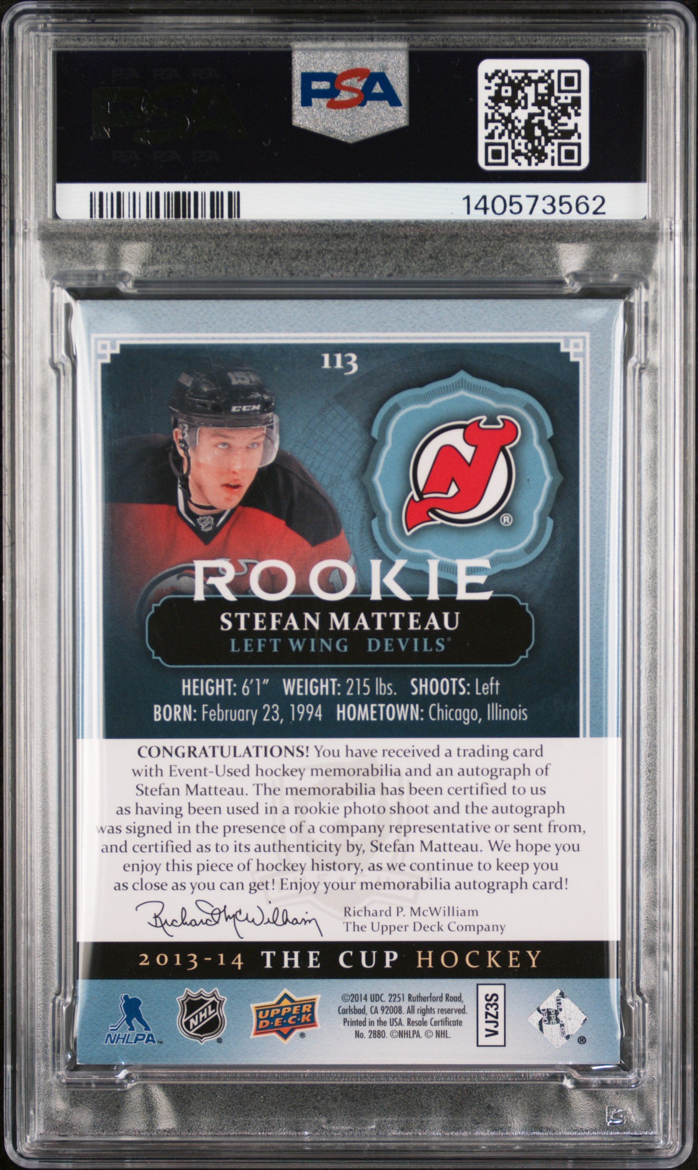 2013 Upper Deck THE CUP - Stefan Matteau - ROOKIE Auto Patch /249 - PSA - RPA