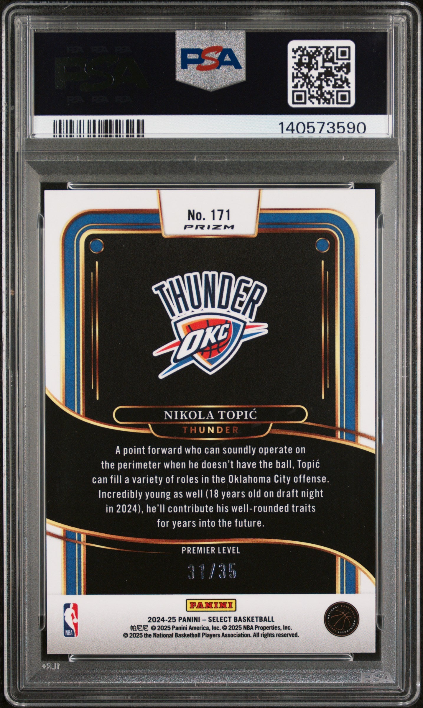 2024 Panini Select - Nikola Topic - ROOKIE - White Scope /35 - PSA - ROOKIE /35