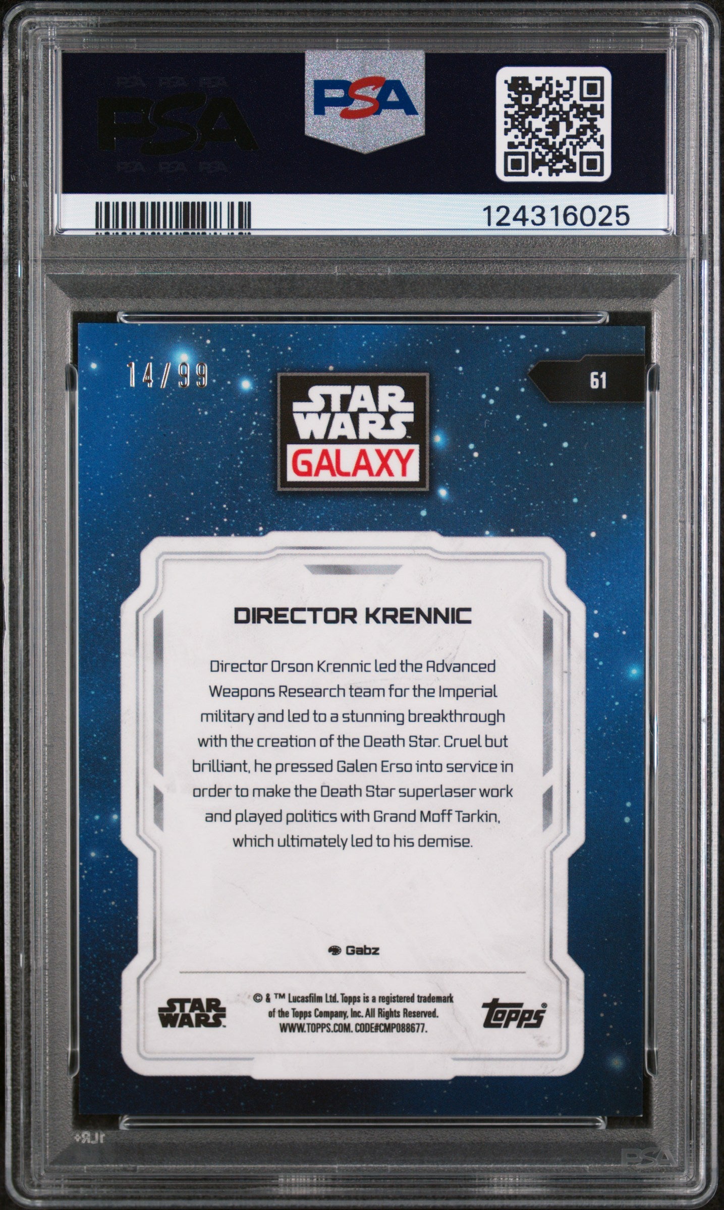 2024 Star Wars Galaxy - Director Krennic - Wave Refractor /99 - PSA - /99 - PSA