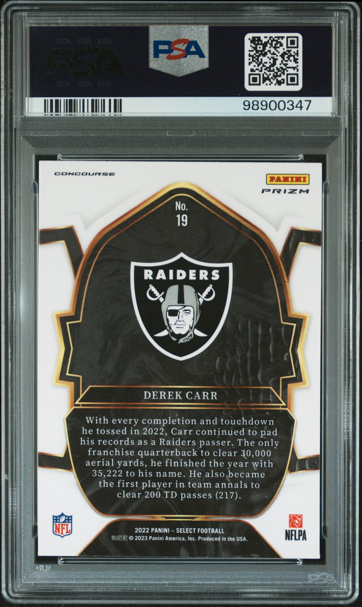 2022 Select - Derek Carr #19 - Zebra Prizm SSP - PSA - Zebra Raiders Color Match