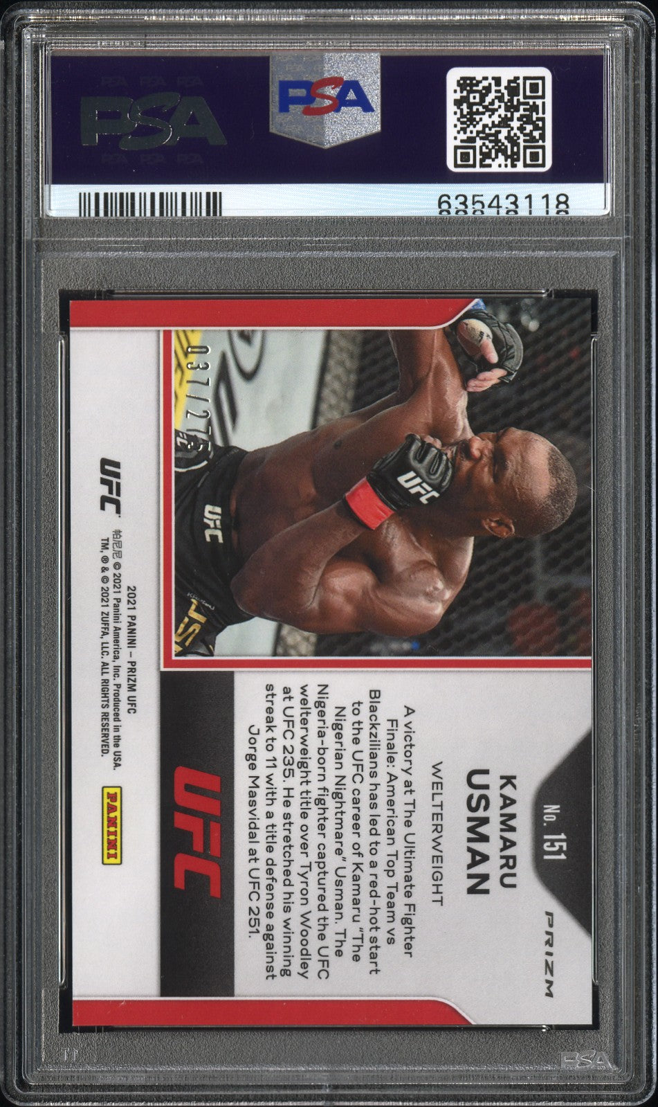 2021 Panini Prizm UFC Kamaru Usman #151 PSA 10 - /275, ## 037/275