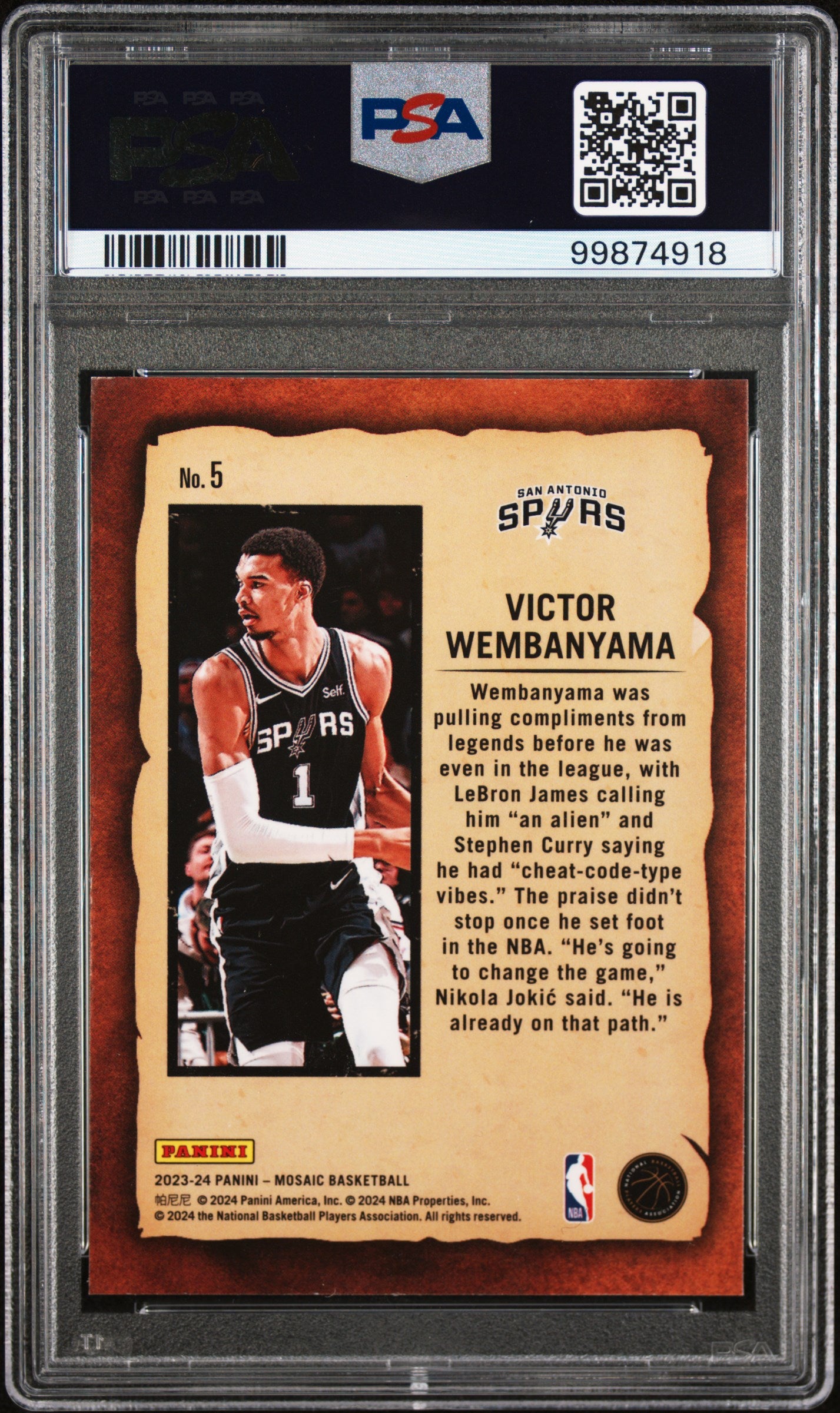 2023 Panini Mosaic Notoriety Victor Wembanyama ROOKIE #5 PSA 9
