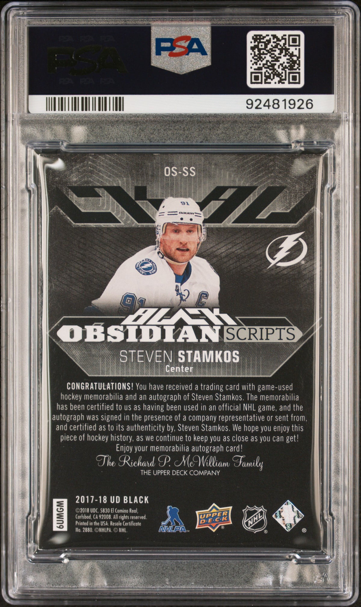 2017 SPX UD Hockey - Steven Stamkos -Black Obsidian - GAME USED PATCH Auto - PSA