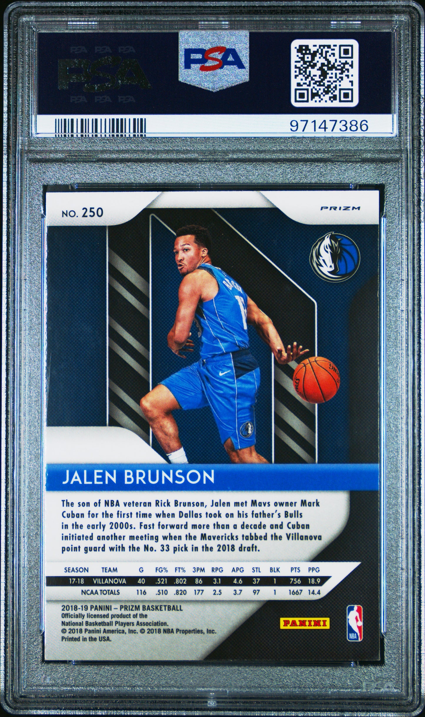 2018 Panini Prizm - Jalen Brunson #250 - ROOKIE - Silver Prizm ROOKIE - PSA 9