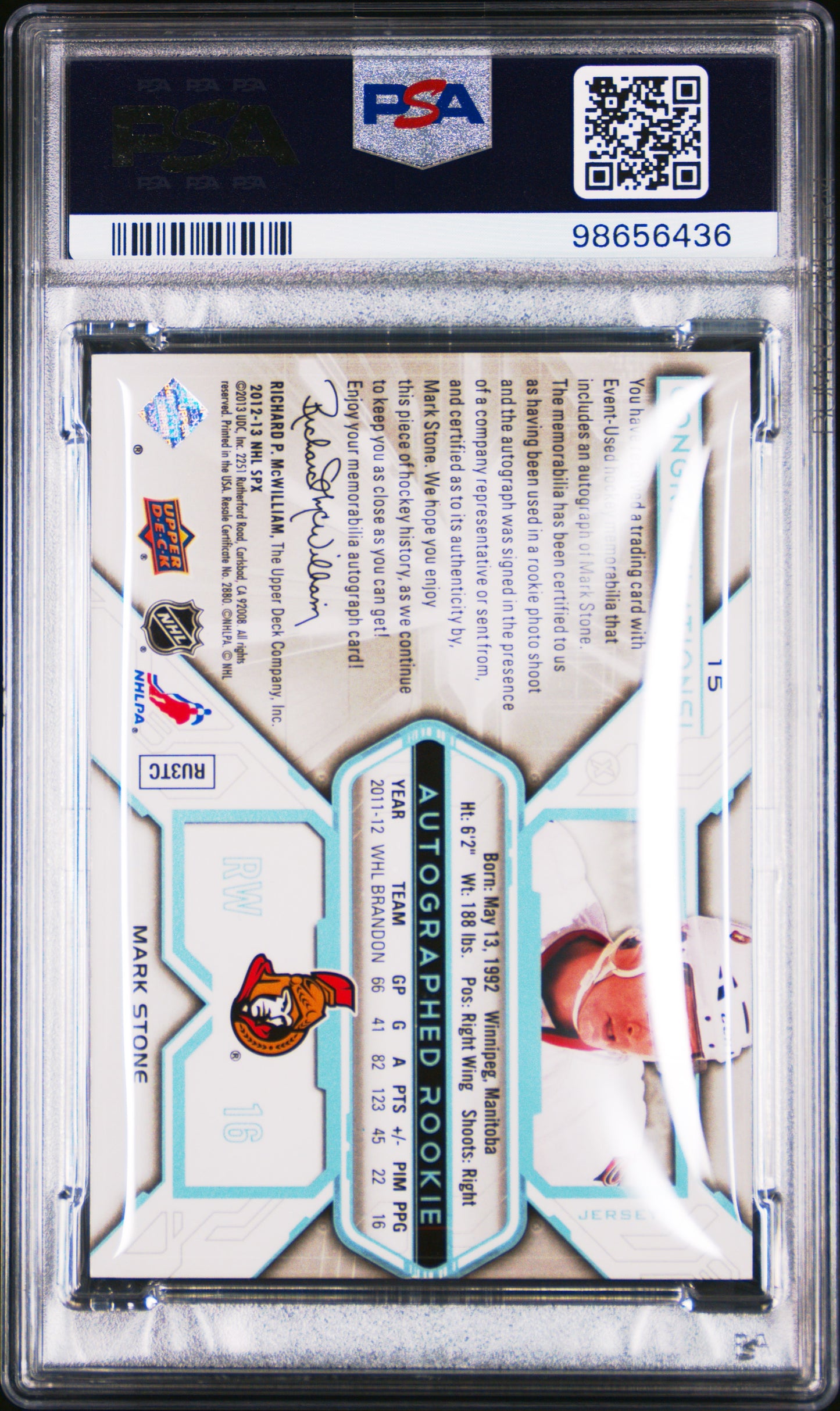 2012 SP Authentic SPX Autograph Jersey Mark Stone RPA Rookie Patch Aut #15 PSA 9