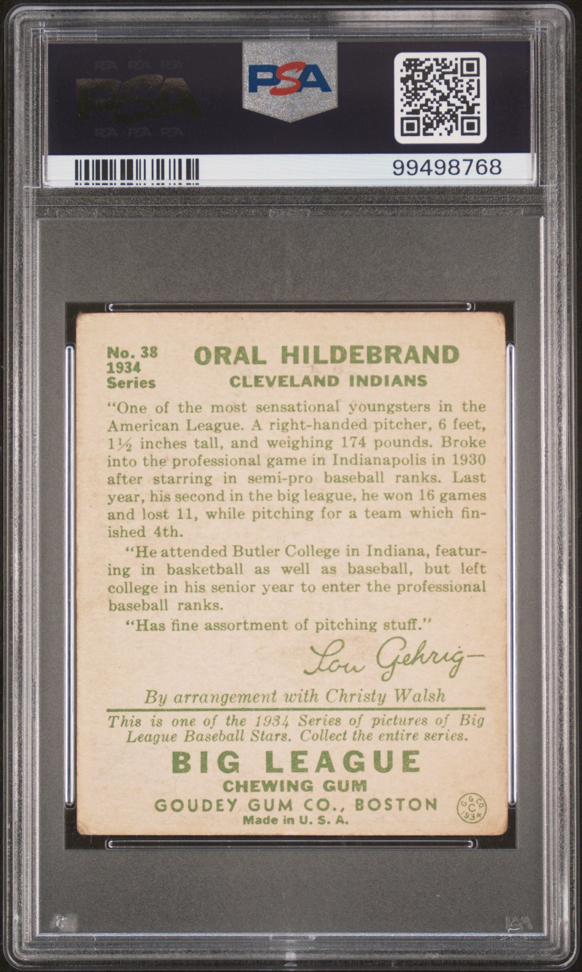 1934 Goudey Baseball - Oral Hildebrand #38 - PSA 2