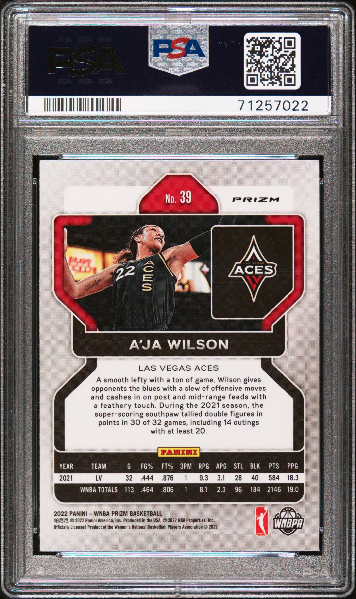 2022 Panini Prizm WNBA A'ja Wilson #39 White Sparkle PSA 9