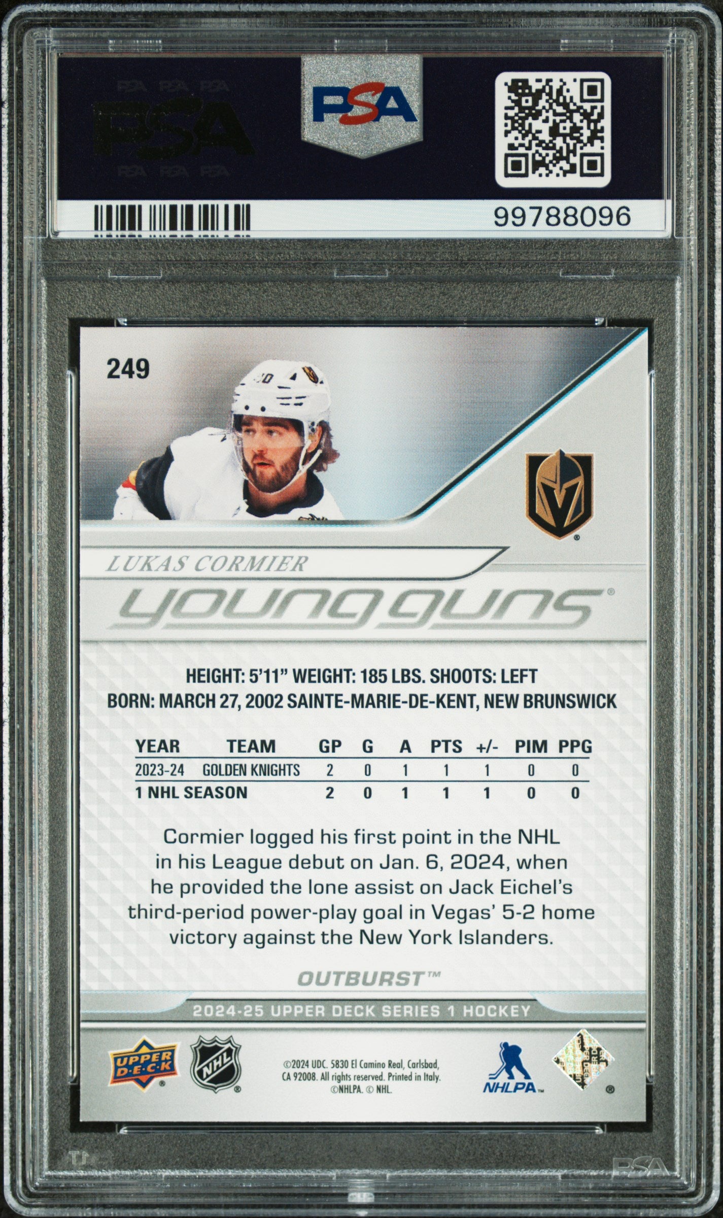 2024-25 upper deck series 1 Lukas Cormier #249 Silver Outburst Rookie PSA 9