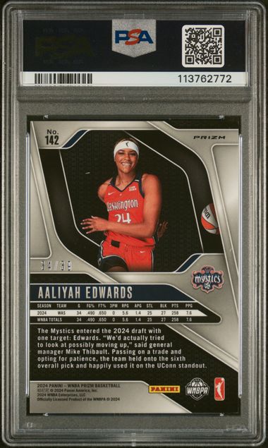 2024 Panini WNBA- Aaliyah Edwards - Black Velocity Prizm /39 - ROOKIE /39 - PSA