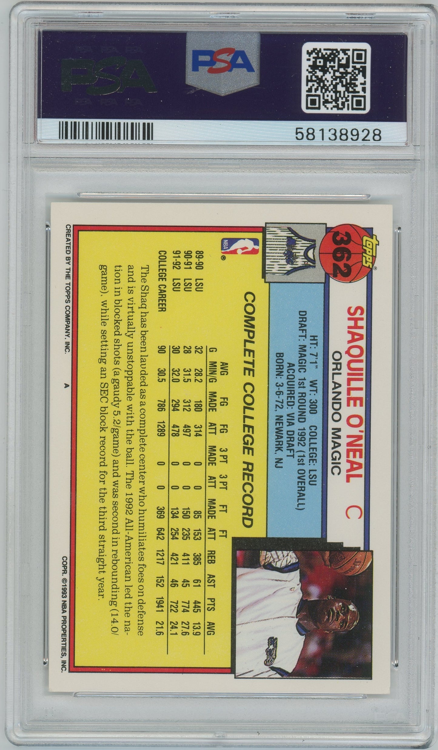 1992 Topps Shaquille O'Neal #362 - ROOKIE PSA 8 - ROOKIE