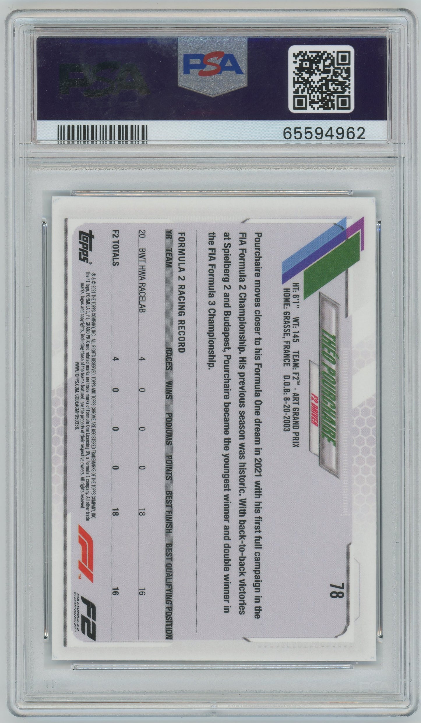 2021 Topps Chrome Formula 1 Sapphire Edition Theo Pourchaire #78 PSA 9