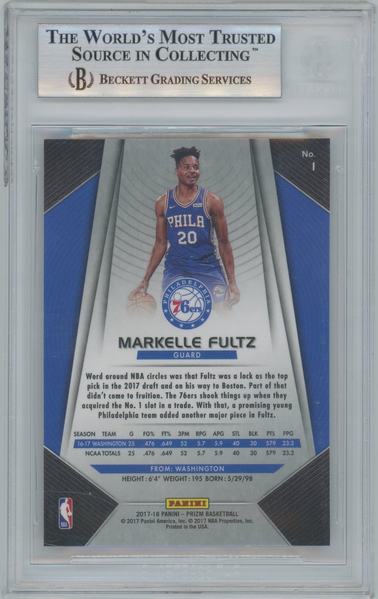 2017-18 Panini Prizm Markelle Fultz ROOKIE RC #1 BGS 9