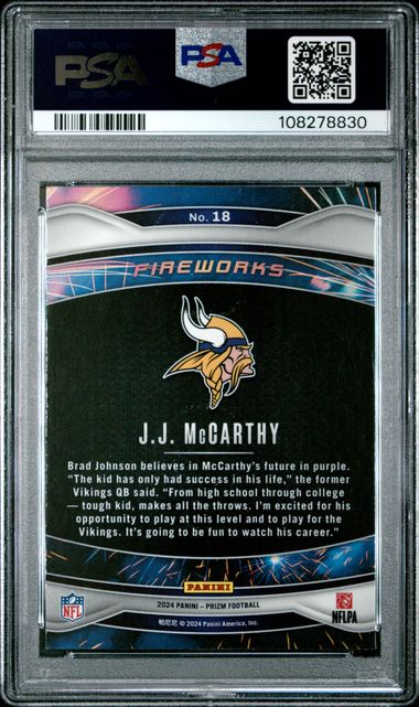 2024 Prizm Fireworks #18 JJ McCarthy Vikings RC Rookie PSA