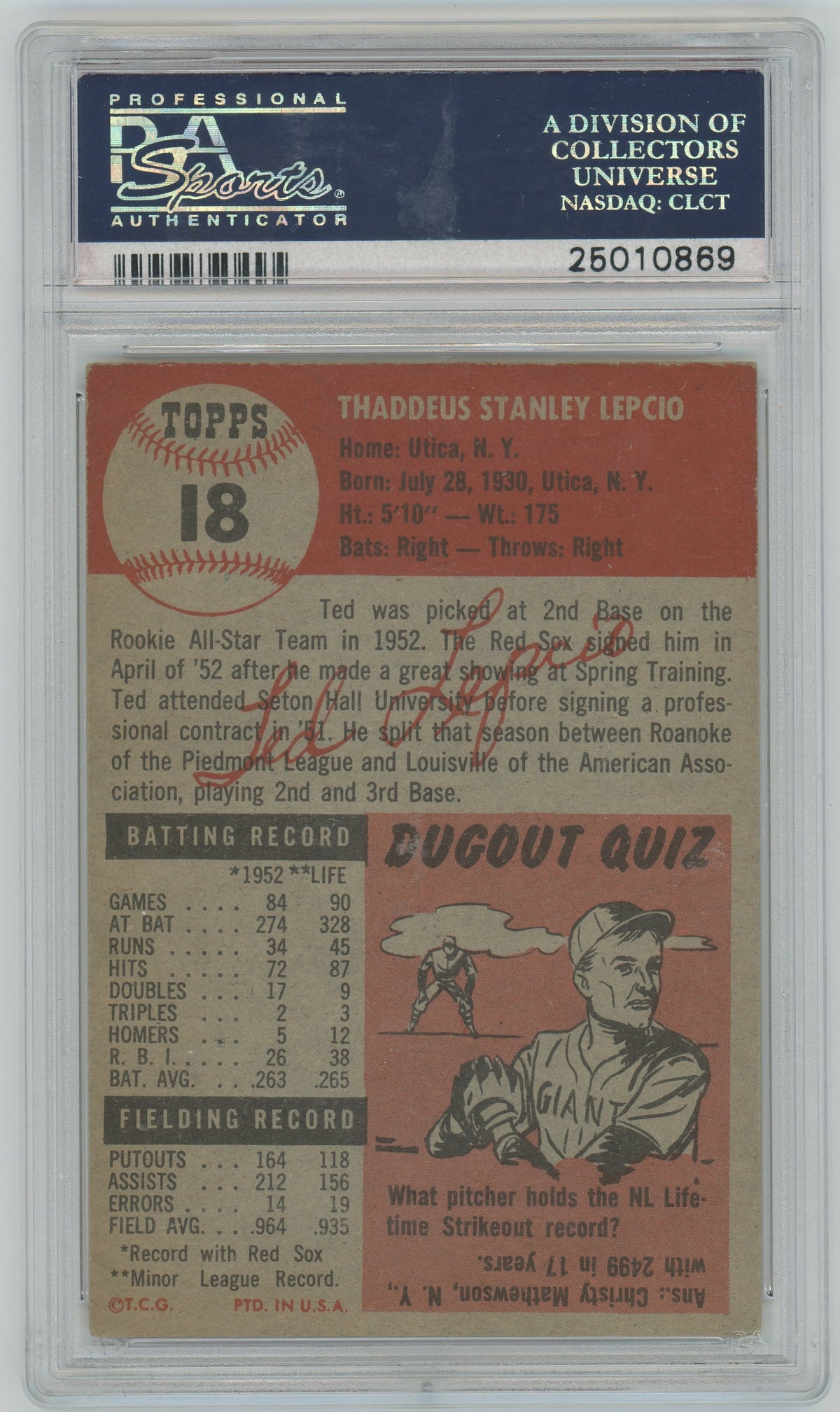 1953 Topps MLB Baseball - Ted Lepcio #18 - PSA 4.5
