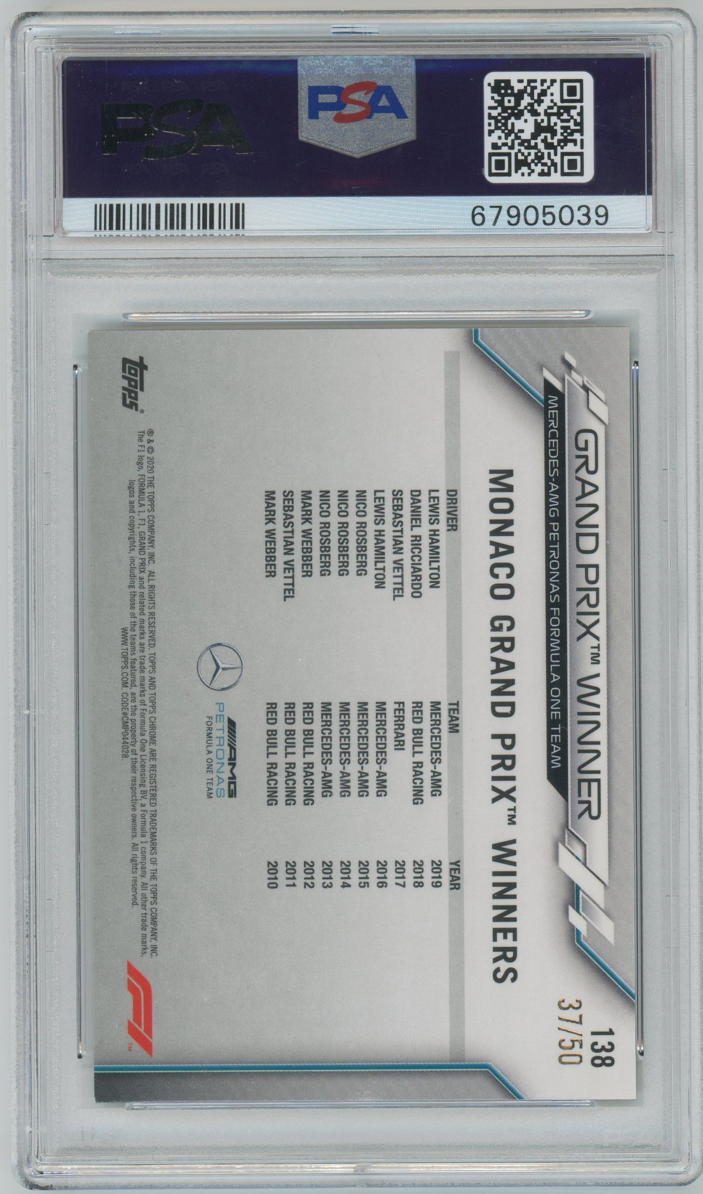 2020 Topps Chrome Formula 1 Lewis Hamilton #138 PSA 8 - /50, ## 37/50