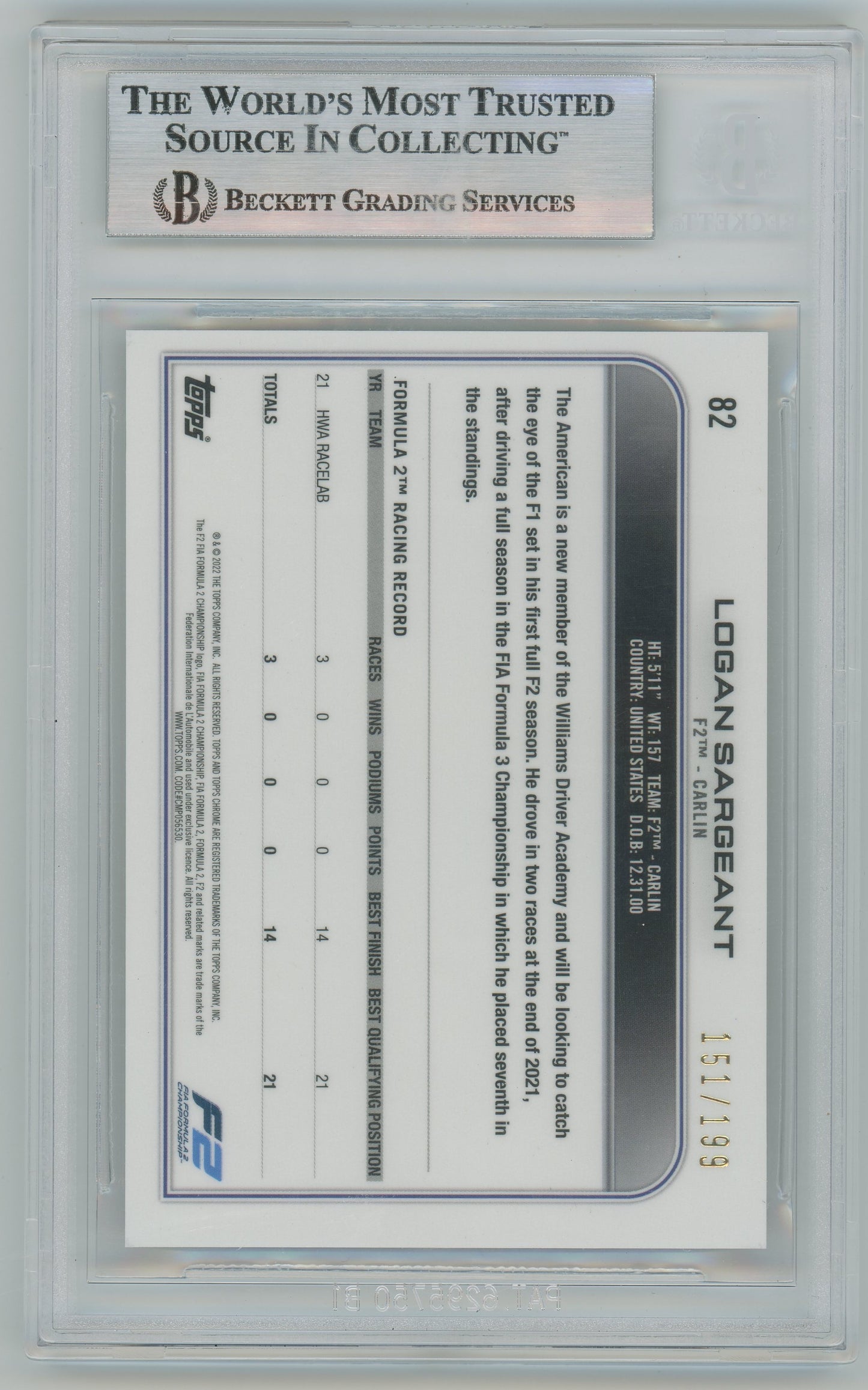 2022 Topps Chrome Sapp F1 Chartreuse Logan Sargeant #82 BGS 7.5 - /199, 151/199