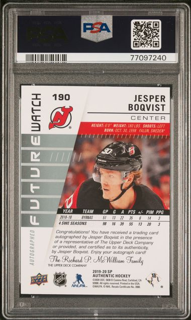 2019 SP Authentic - Jesper Boqvist - FUTURE WATCH AUTO /999 - PSA 10
