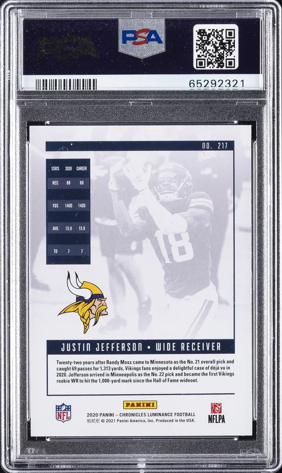 2020 Panini Chronicles Luminance ROOKIE Justin Jefferson ROOKIE #217 Pink PSA 9