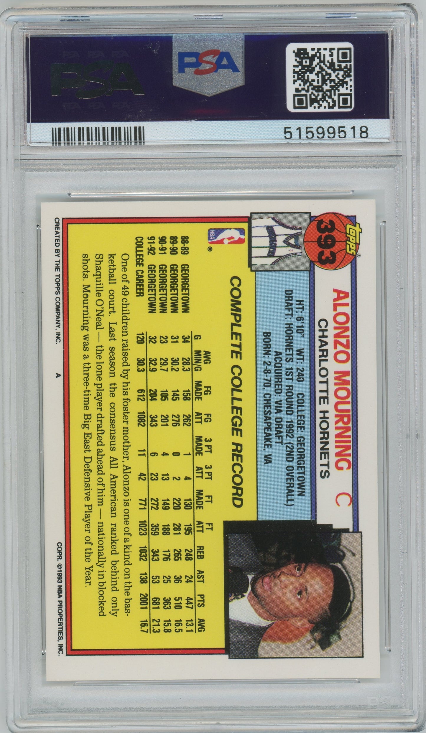 1992 Topps Alonzo Mourning ROOKIE #393 PSA 9