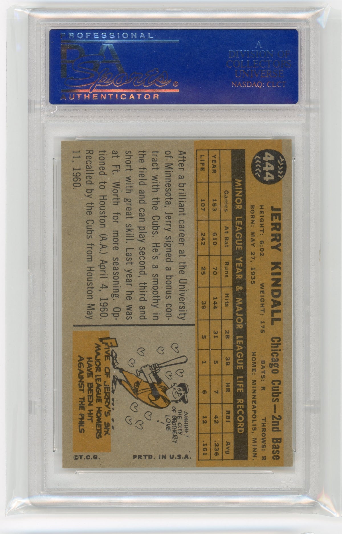 1960 Topps MLB Baseball - Jerry Kindall #444 - Chicago Cubs - PSA 8