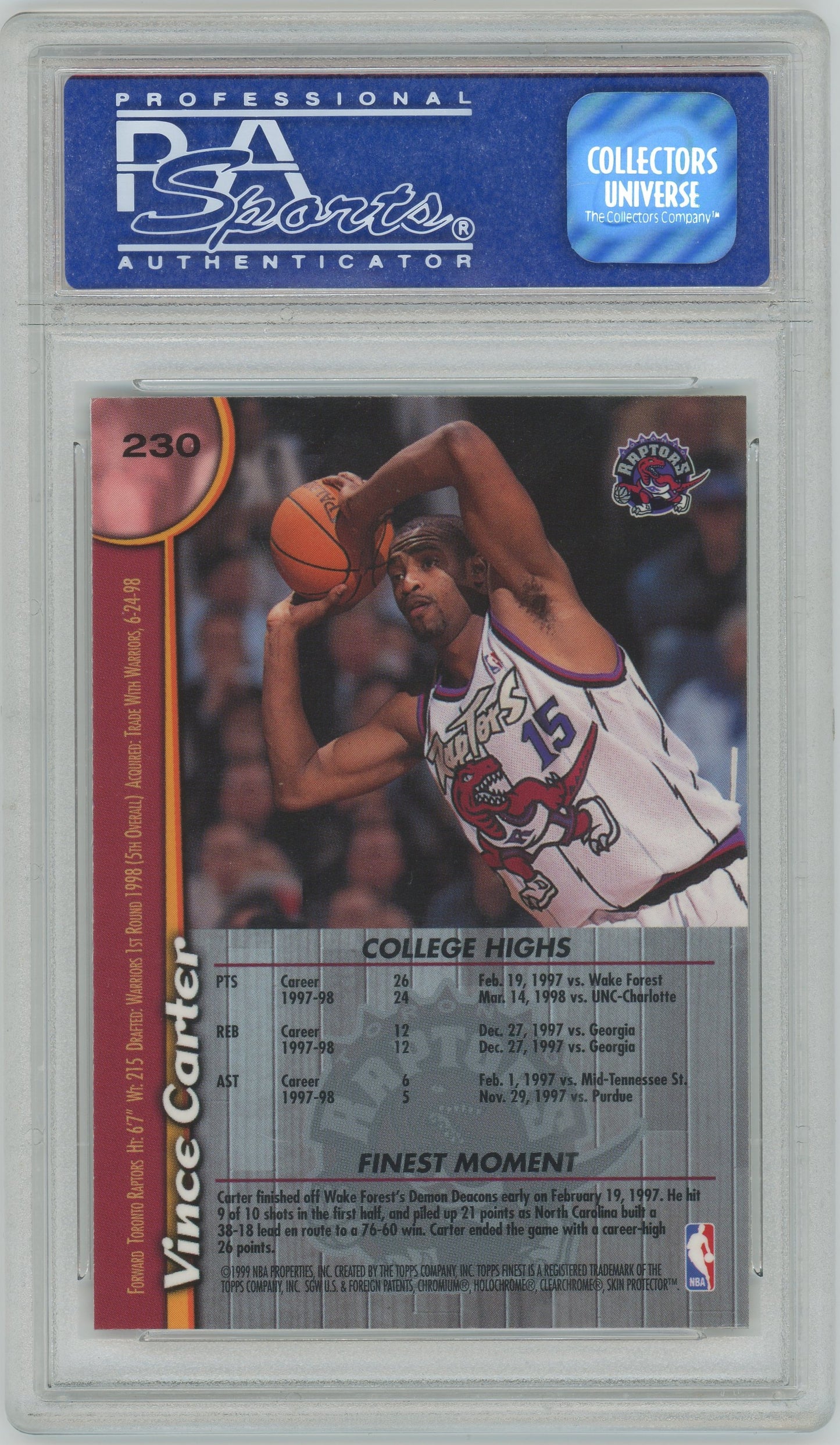 1998 Finest Vince Carter ROOKIE #230 PSA 9