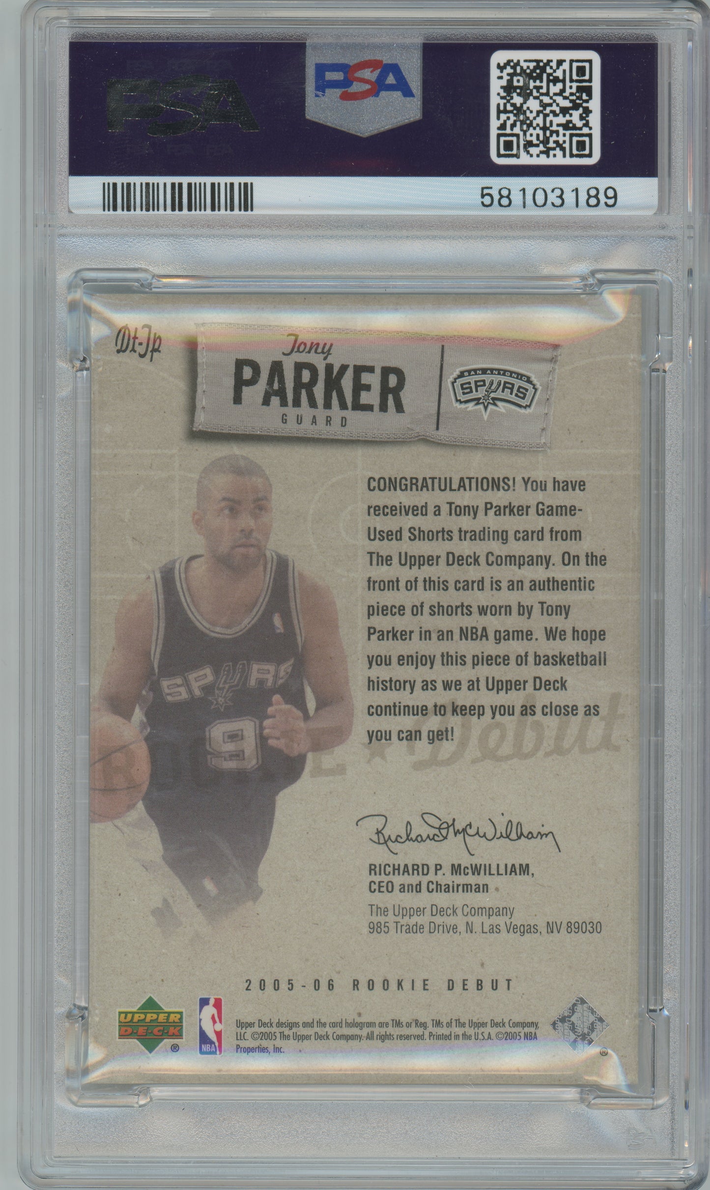 2005 Upper Deck - Tony Parker - ROOKIE - Debut Threads - GAME WORN SHORTS - PSA