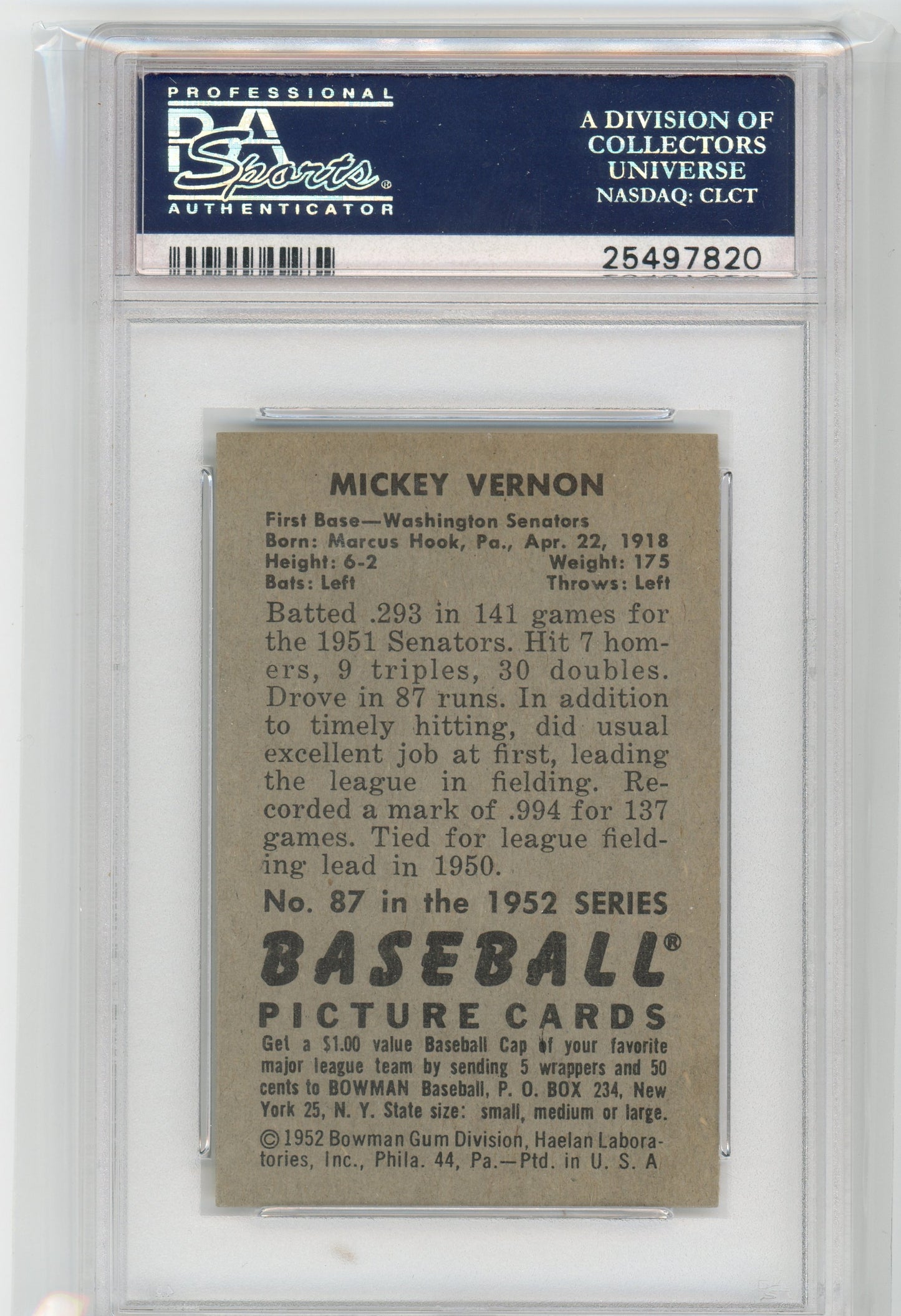 1952 Bowman Mickey Vernon #87 PSA 7
