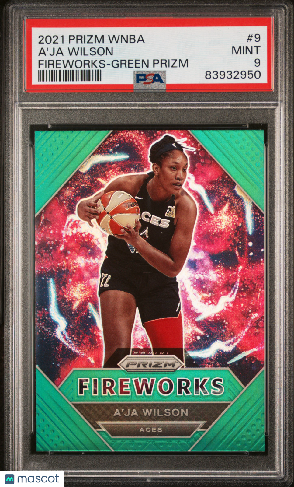 2021 Panini Prizm WNBA A'ja Wilson #9 Green Prizm Fireworks Insert PSA 9