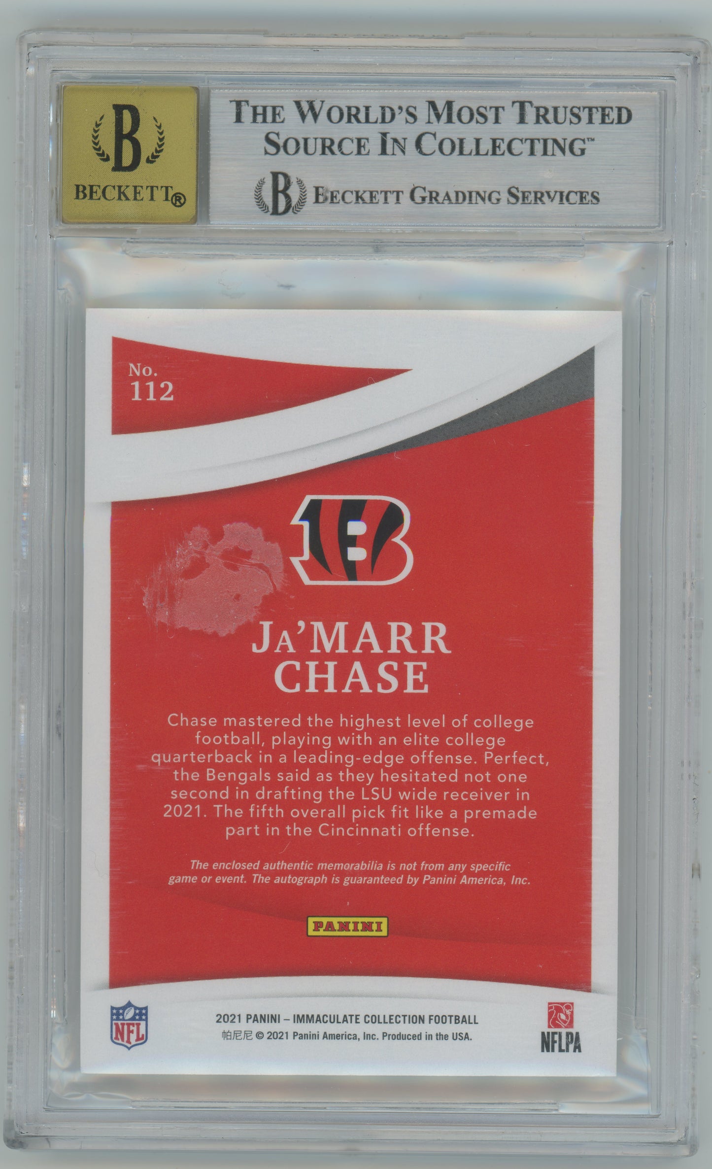 2021 Immaculate - Ja'Marr Chase - Rookie Patch AUTO /18 - BGS Auto 10 - RPA /18