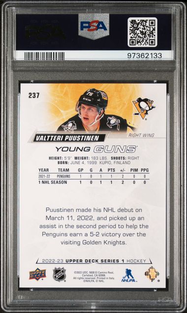 2022 Upper Deck - Valterri Puustinen - ROOKIE - Silver Foil - YG ROOKIE - PSA 10