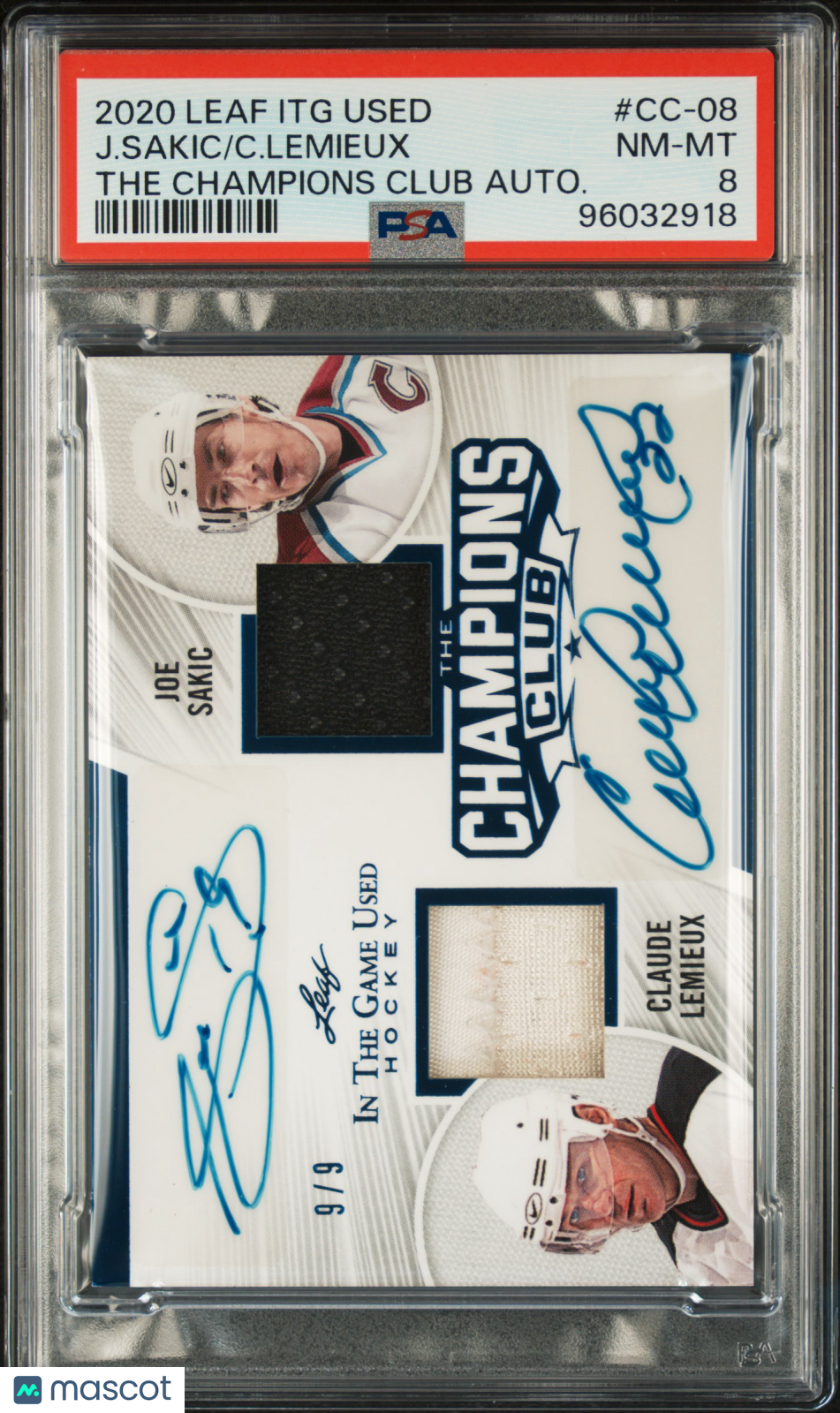 2020 Leaf Game Used Champions Club Autos Claude Lemieux Joe Sakic PSA 8