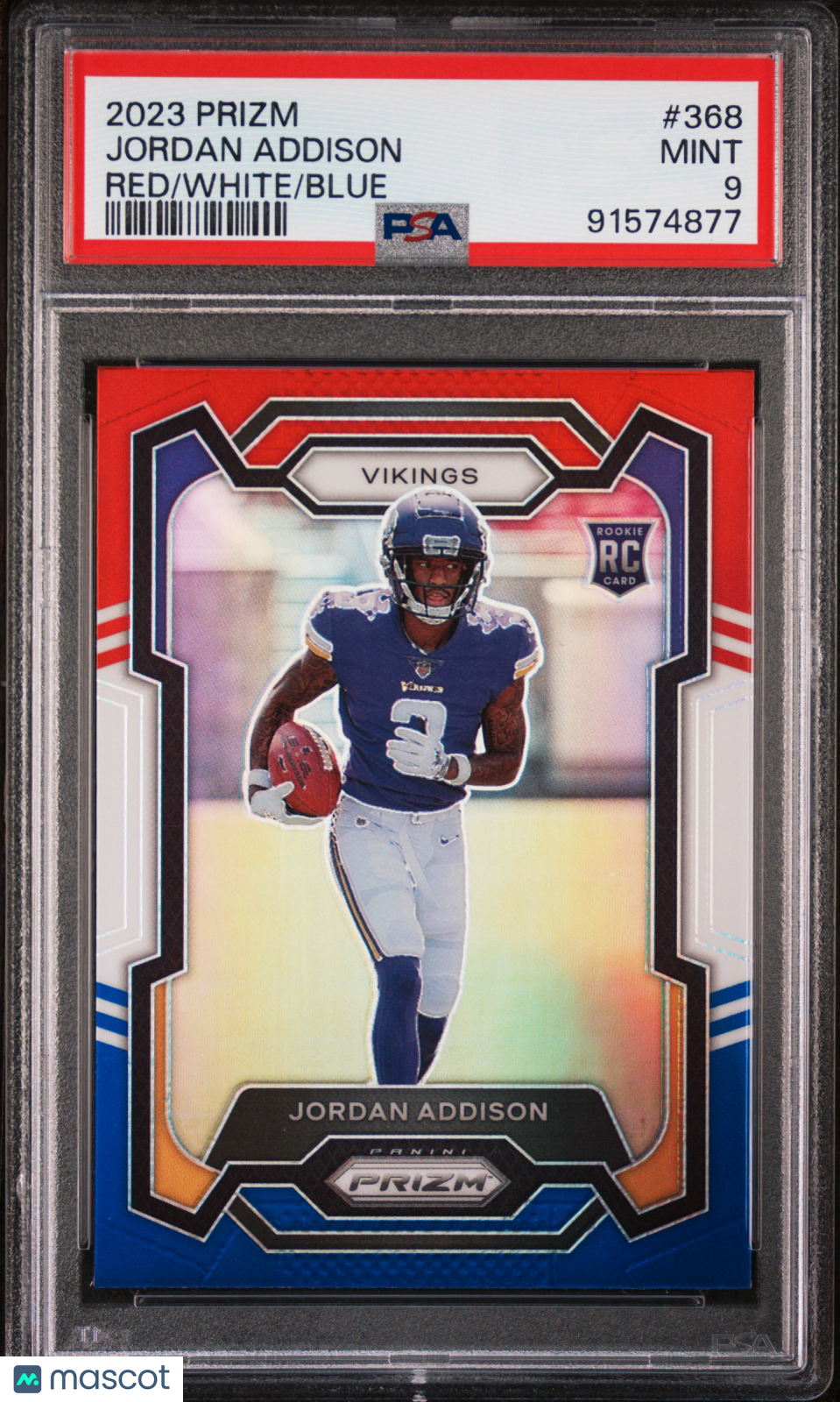 2023 Panini Prizm - Jordan Addison #368 - ROOKIE - Red/White/Blue Prizm - PSA 9