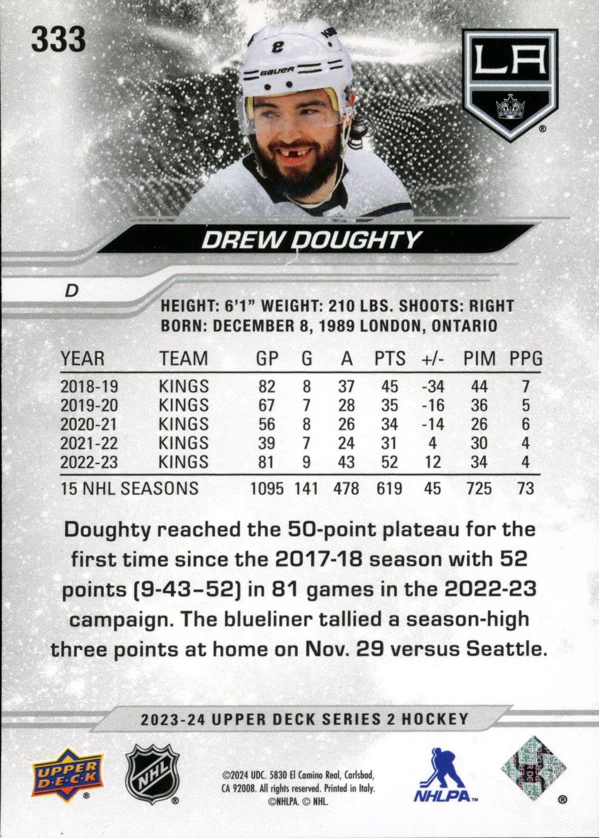 2024 Upper Deck Hockey - Drew Doughty #333 - Silver Outburst - OUTBURST SILVER