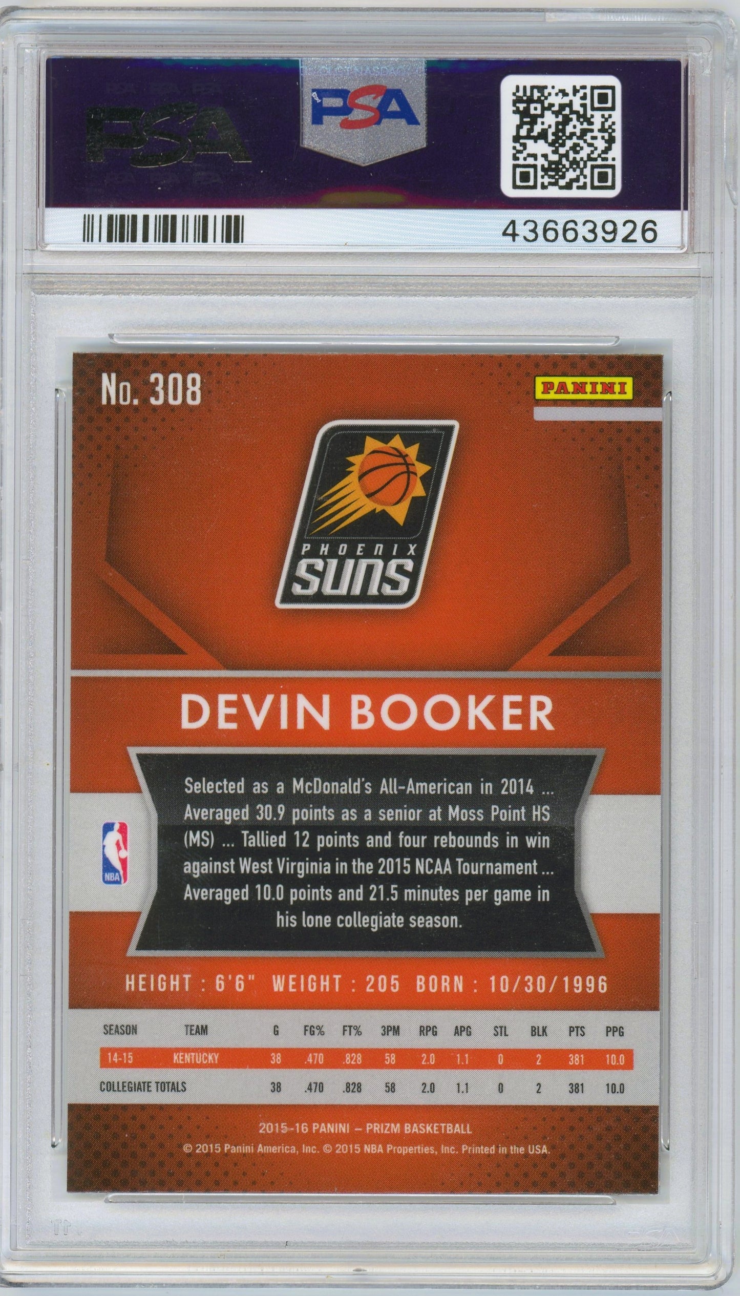 2015 Panini Prizm Devin Booker ROOKIE #308 PSA 9